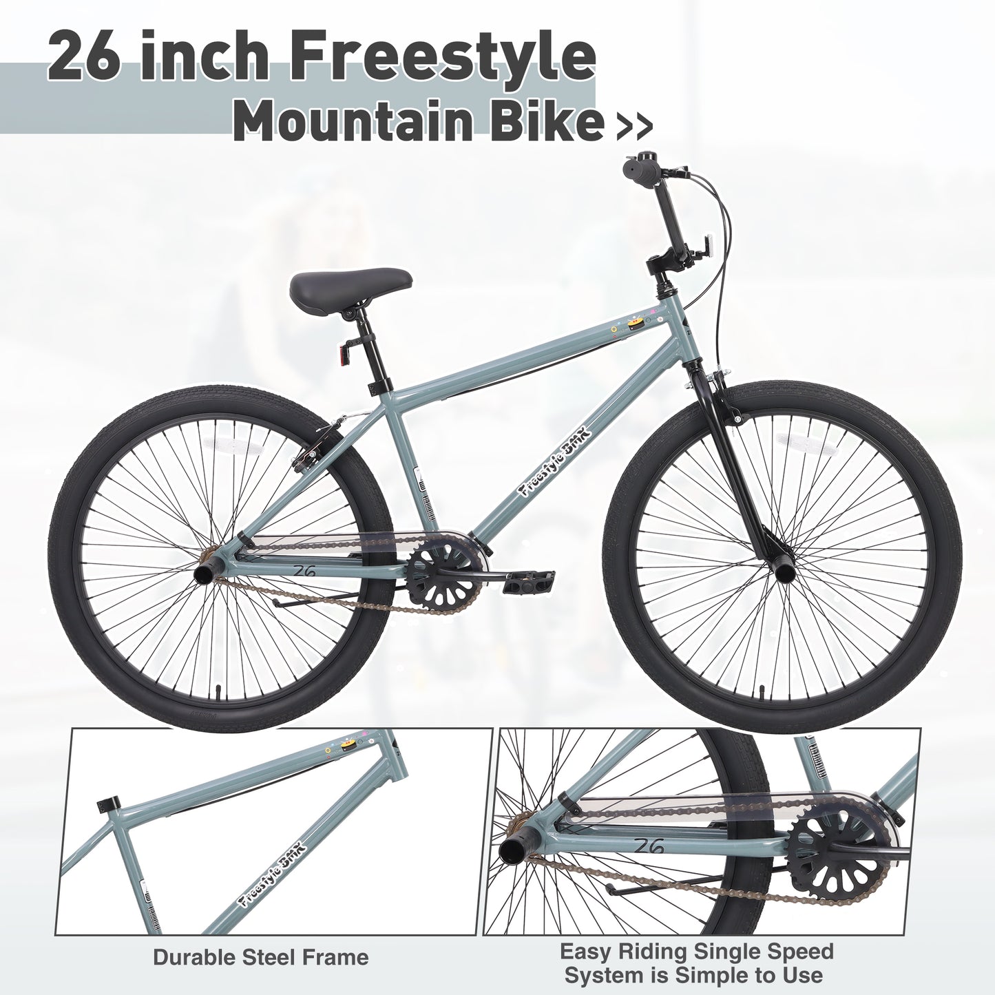 Freestyle Kids Bike Double Disc Brakes 26 Inch Single Speed Children's Bicycle for Boys Girls Age 12+ Years