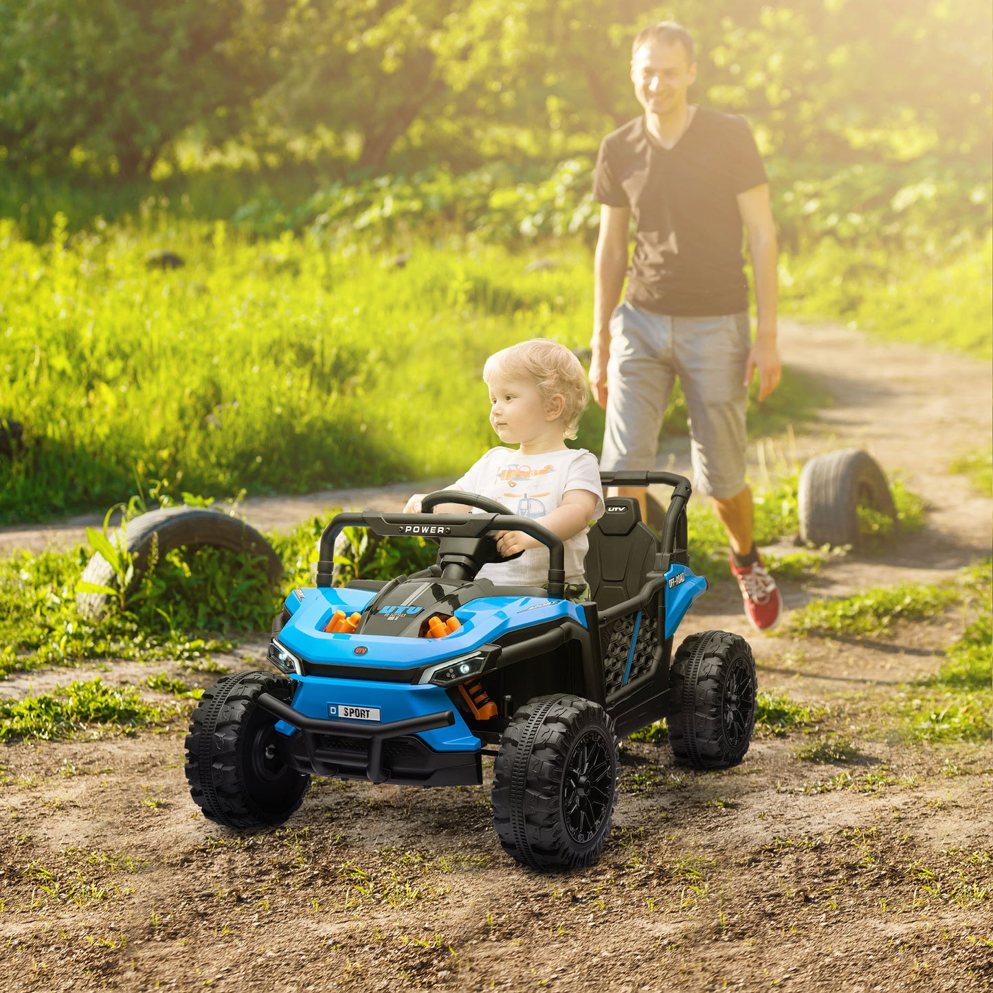 Qaba 12V Kids UTV, Battery Powered Ride on Truck, 3.7 MPH Off-Road Electric Car with Remote Control, 4-Wheel Suspension, LED Headlights, 3 Speeds, Horn & Music, for Boys and Girls, Blue