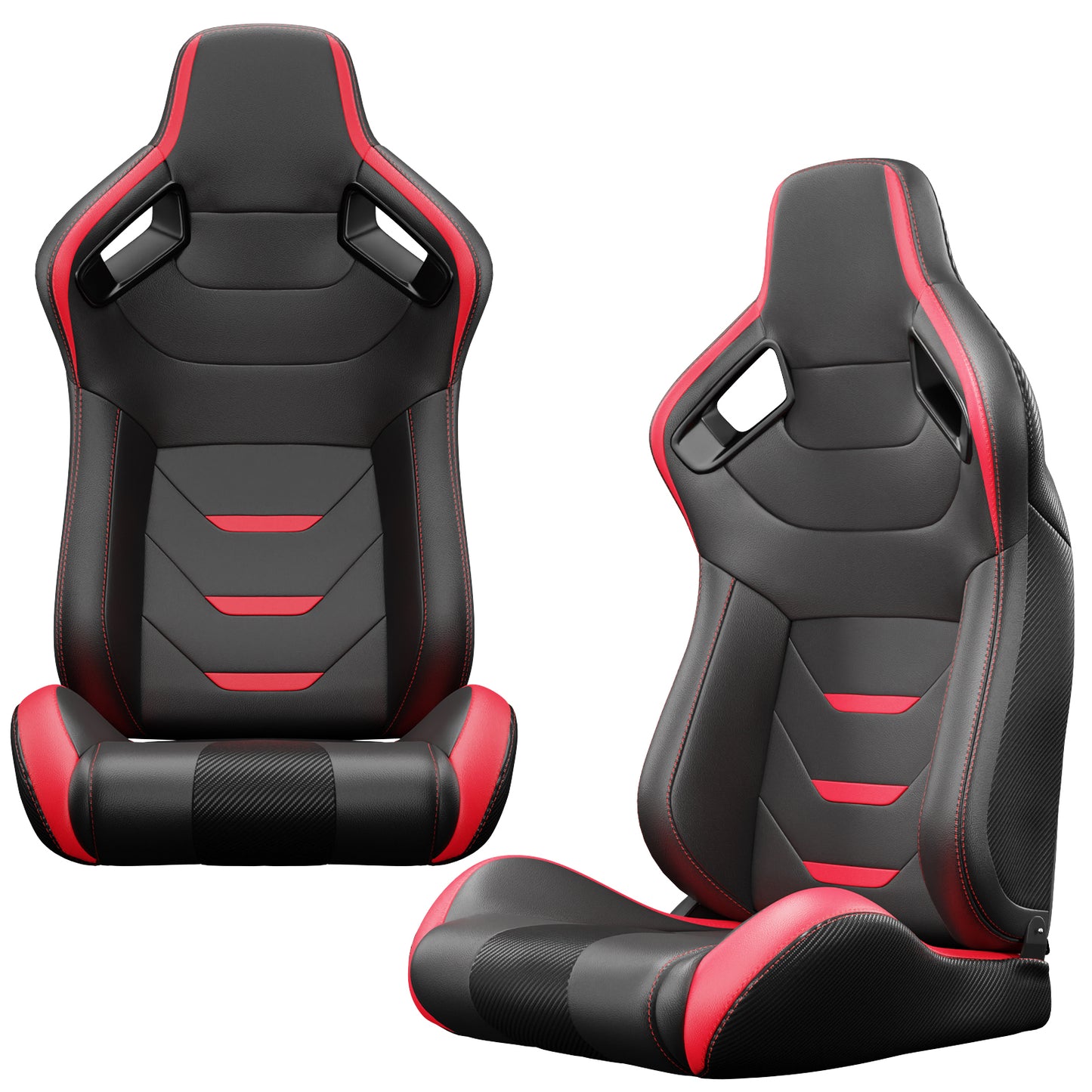 2PC Universal Bucket Racing Seats Red Stitch Red PVC Leather Reclinable Carbon Look Leather Back With Adjustor Slider(Not Including Seat Bracket ) 1 box of 2 pieces