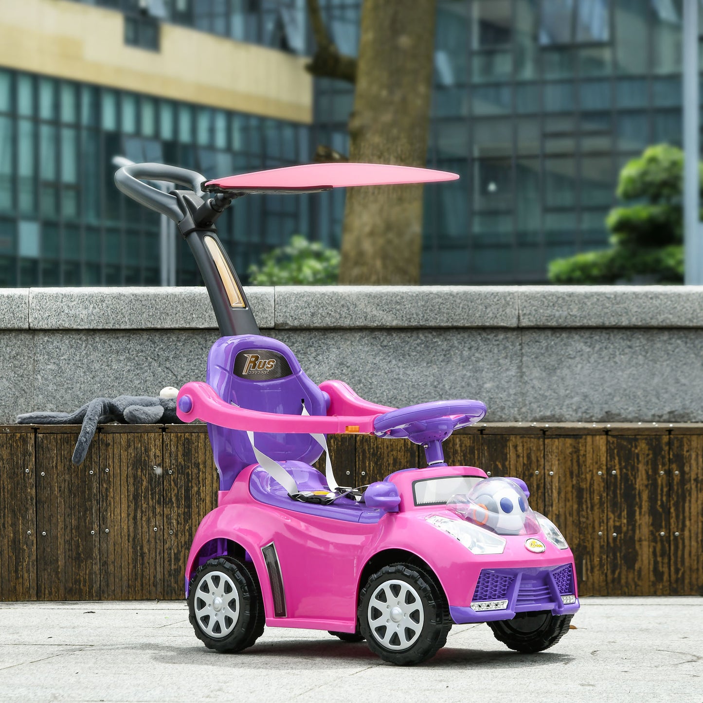 Qaba Push Car for Kids 1-3 Years, 3 in 1 Ride on Sliding Car, Foot to Floor Baby Push Car with Removable Handle, Music, Horn, Canopy, Safety Guardrail for Boys and Girls, Pink
