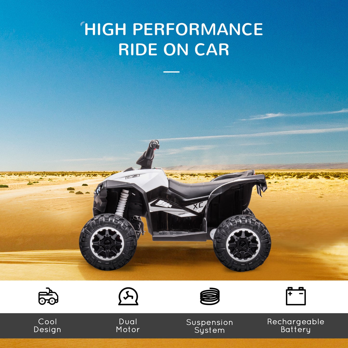 12V Kids ATV Quad Car with Forward & Backward Function, Four Wheeler for Kids with Wear-Resistant Wheels, Music, Electric Ride-on ATV for Toddlers Ages 3+ Years Old, White
