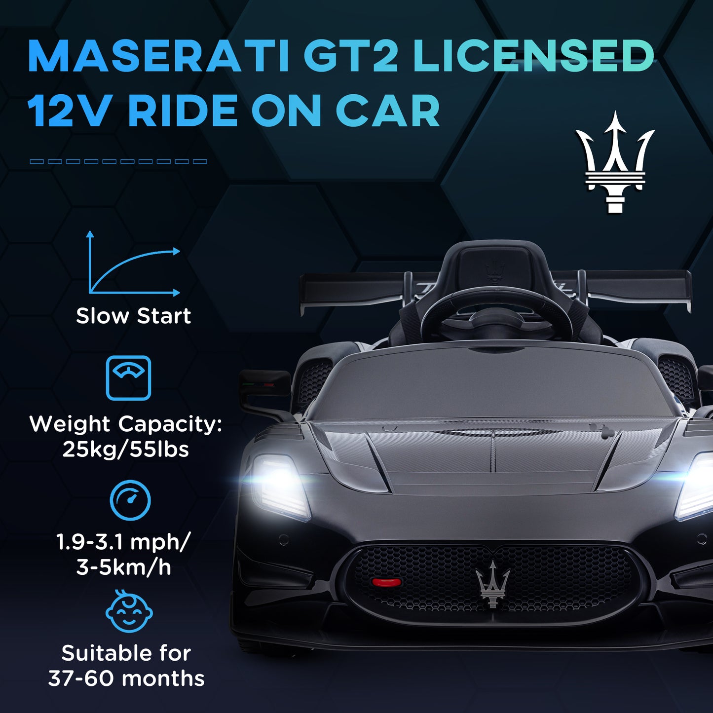 Qaba Maserati GT2 Licensed Ride On Car, 12V Battery Powered Electric Car for Kids with Shock-Absorbers, Auxiliary Wheels, 3MPH Racing Car with Remote, Horn Music LED Lights, Black