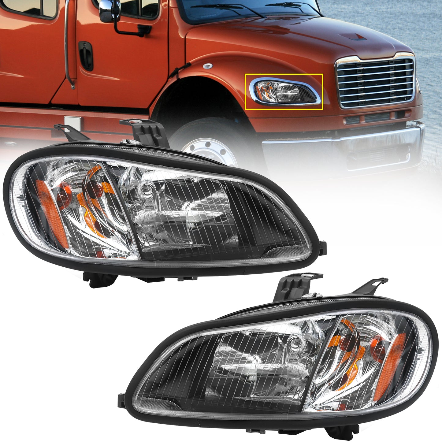 Headlight Assembly Compatible with 2004-2013 Freightliner M2, Black Housing, Left Driver &Right Passenger Pair Set