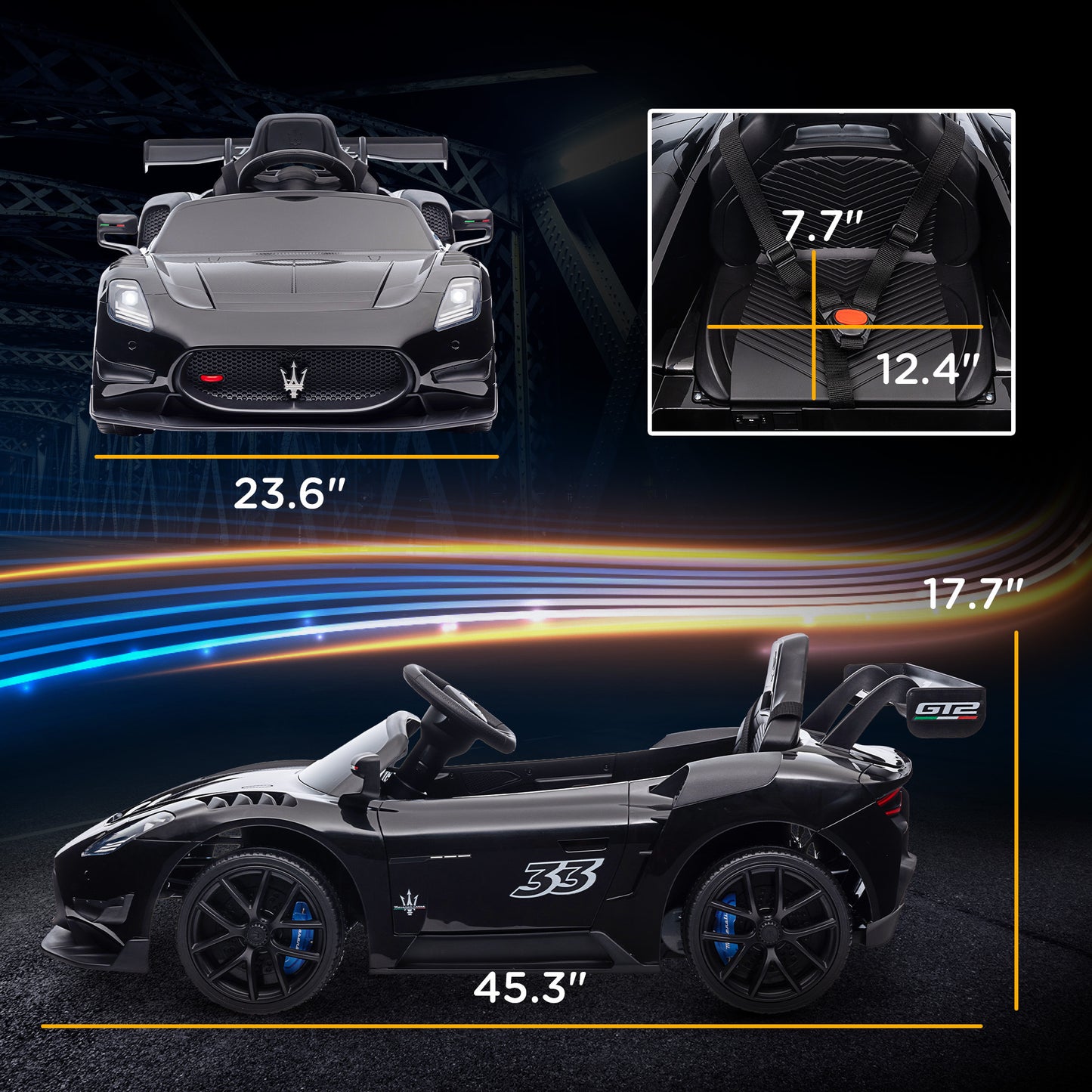 Qaba Maserati GT2 Licensed Ride On Car, 12V Battery Powered Electric Car for Kids with Shock-Absorbers, Auxiliary Wheels, 3MPH Racing Car with Remote, Horn Music LED Lights, Black
