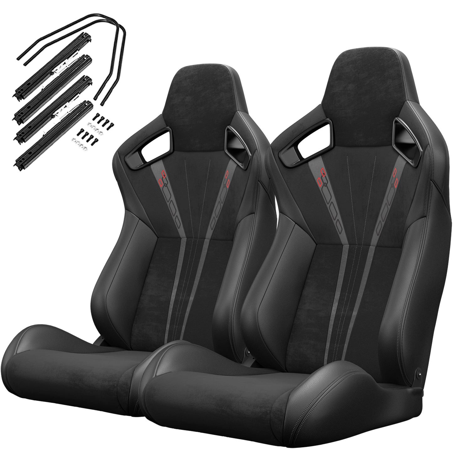 2PC Universal Bucket Racing Seats Red Stitch Red PVC Leather Reclinable Carbon Look Leather Back With Adjustor Slider(Not Including Seat Bracket ) 1 box of 2 pieces