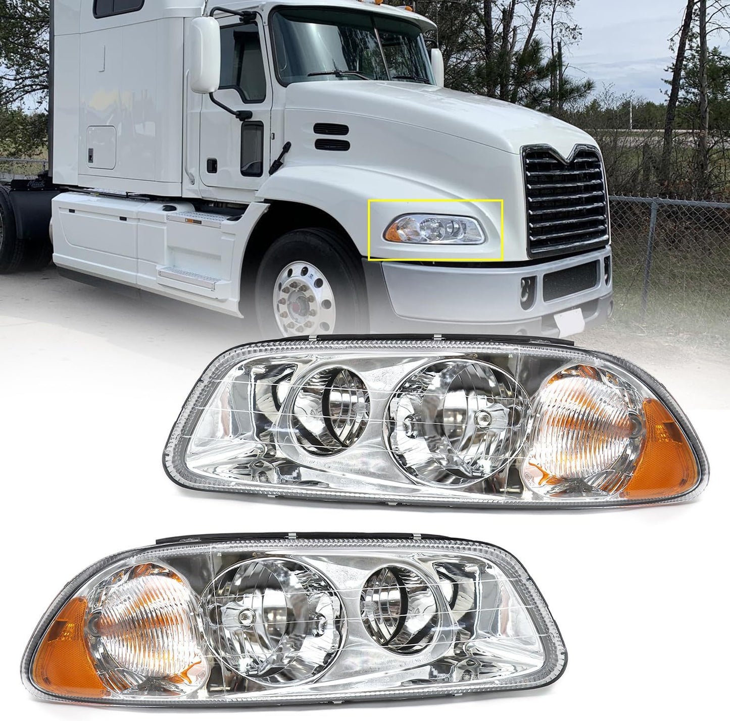 Headlight Assembly Fit for MACK GU4 GU5 GU7 CT713 GU8 CX CXN CXU CTP Semi Trucks, Pair of Chrome Headlamp Left/Driver & Right/Passenger Side Halogen, Bulbs Included