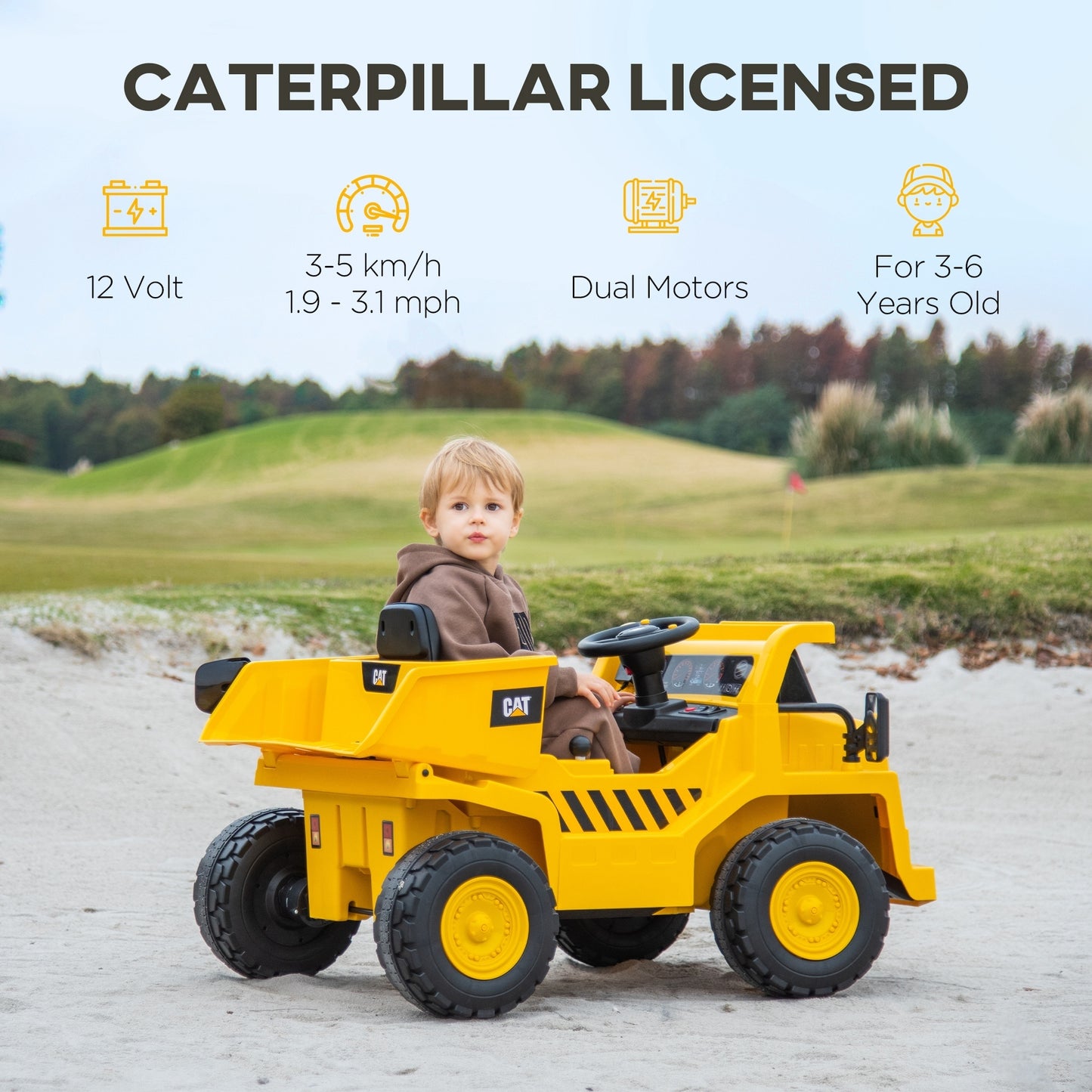Qaba 12V Ride on Dump Truck with Parental Remote, Caterpillar Licensed Kids Excavator with Bucket, Shovel, Music, Loudspeaker, Headlights, Ride on Construction Vehicles for Ages 3-6, Yellow