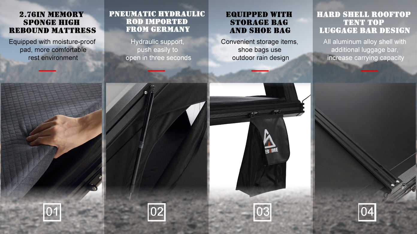 BEDTIME Hard Shell Rooftop Tent-Honeycomb aluminum,Hydraulic support,three second speed open,Roof rack,High rebound memory sponge mattress,Sturdy,Better ventilation For 2-3 people Car SUV Truck tent