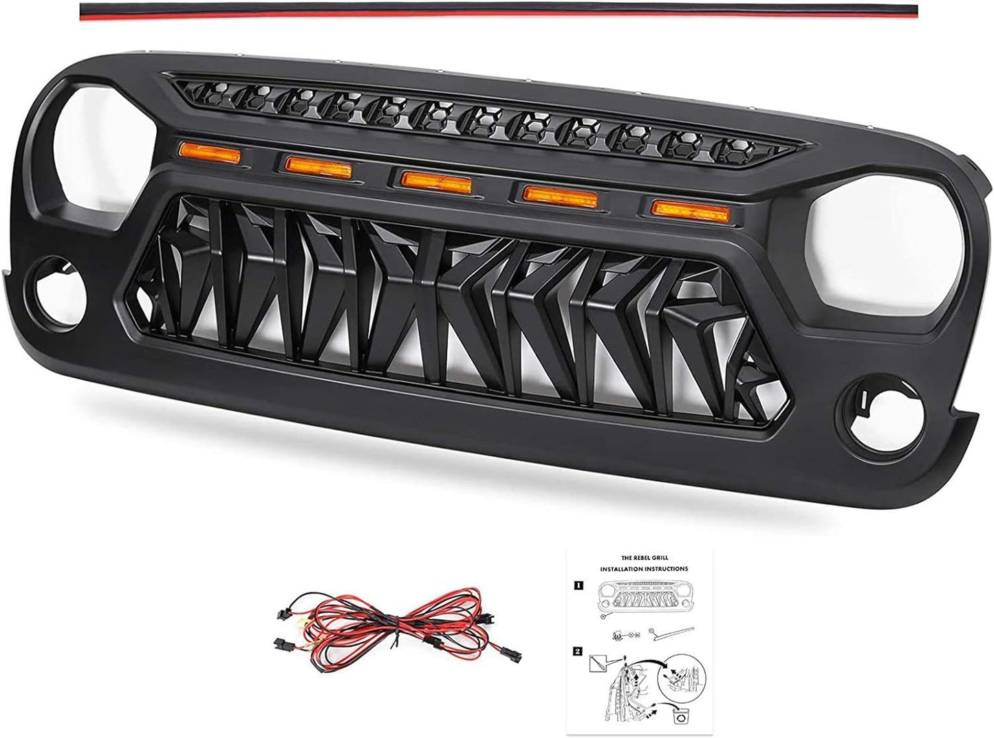 Front Matte Black Shark Grille Replacement Grill For Wrangler JK 2007-2018 with LED Lights