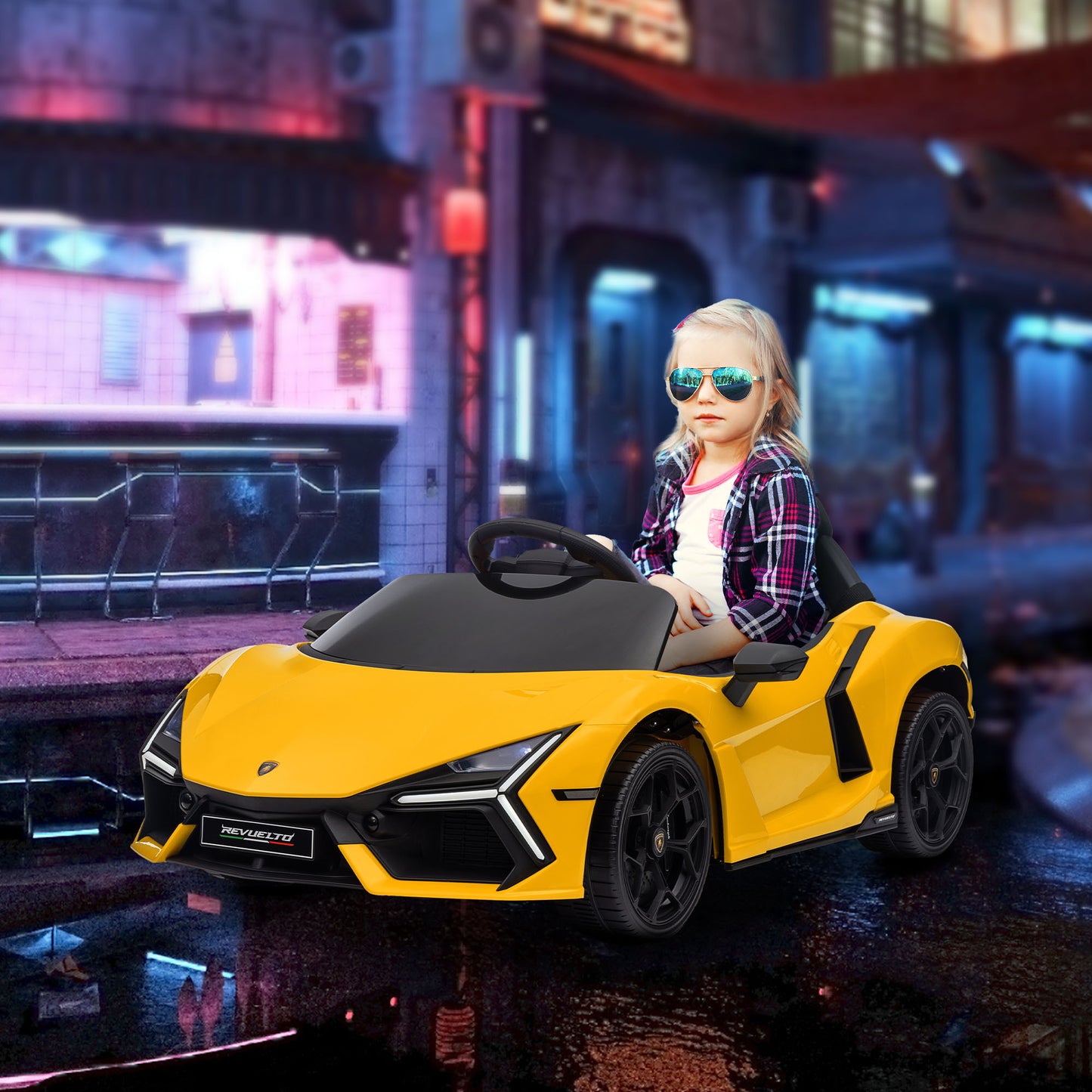 Qaba Lamborghini Revuelto Licensed 12V Kids Electric Car, Battery Powered Ride on Car with Hydraulic Doors, Remote Control, Transport Wheels, Spring Suspension, Music, Lights, 3 Speeds, Yellow