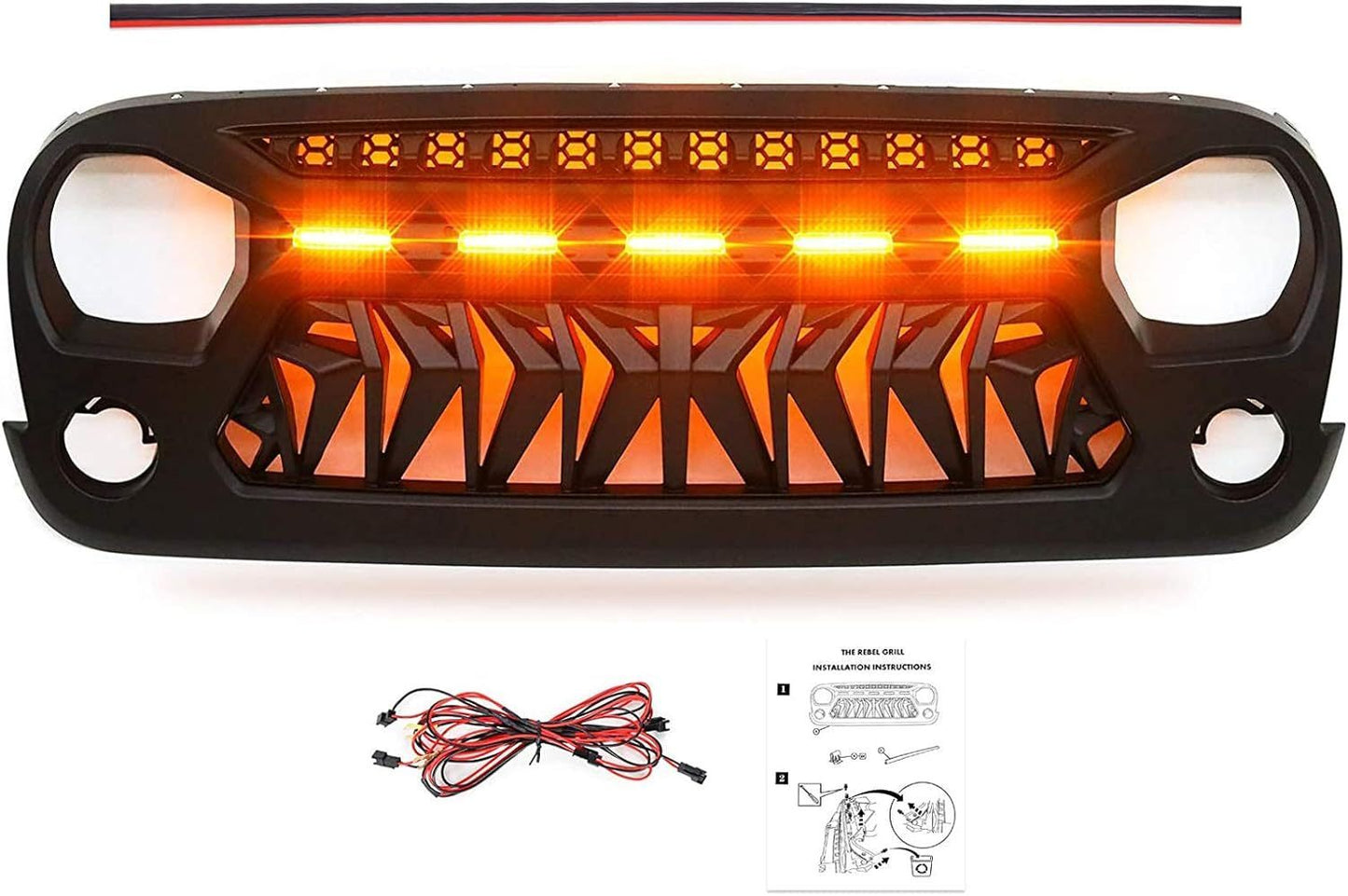Front Matte Black Shark Grille Replacement Grill For Wrangler JK 2007-2018 with LED Lights