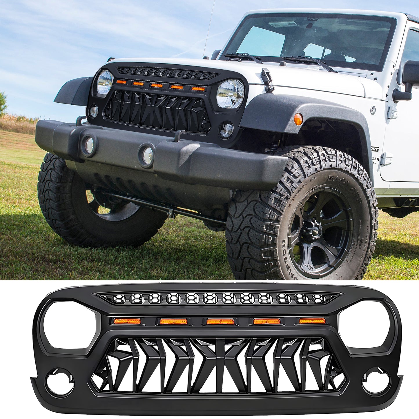 Front Matte Black Shark Grille Replacement Grill For Wrangler JK 2007-2018 with LED Lights