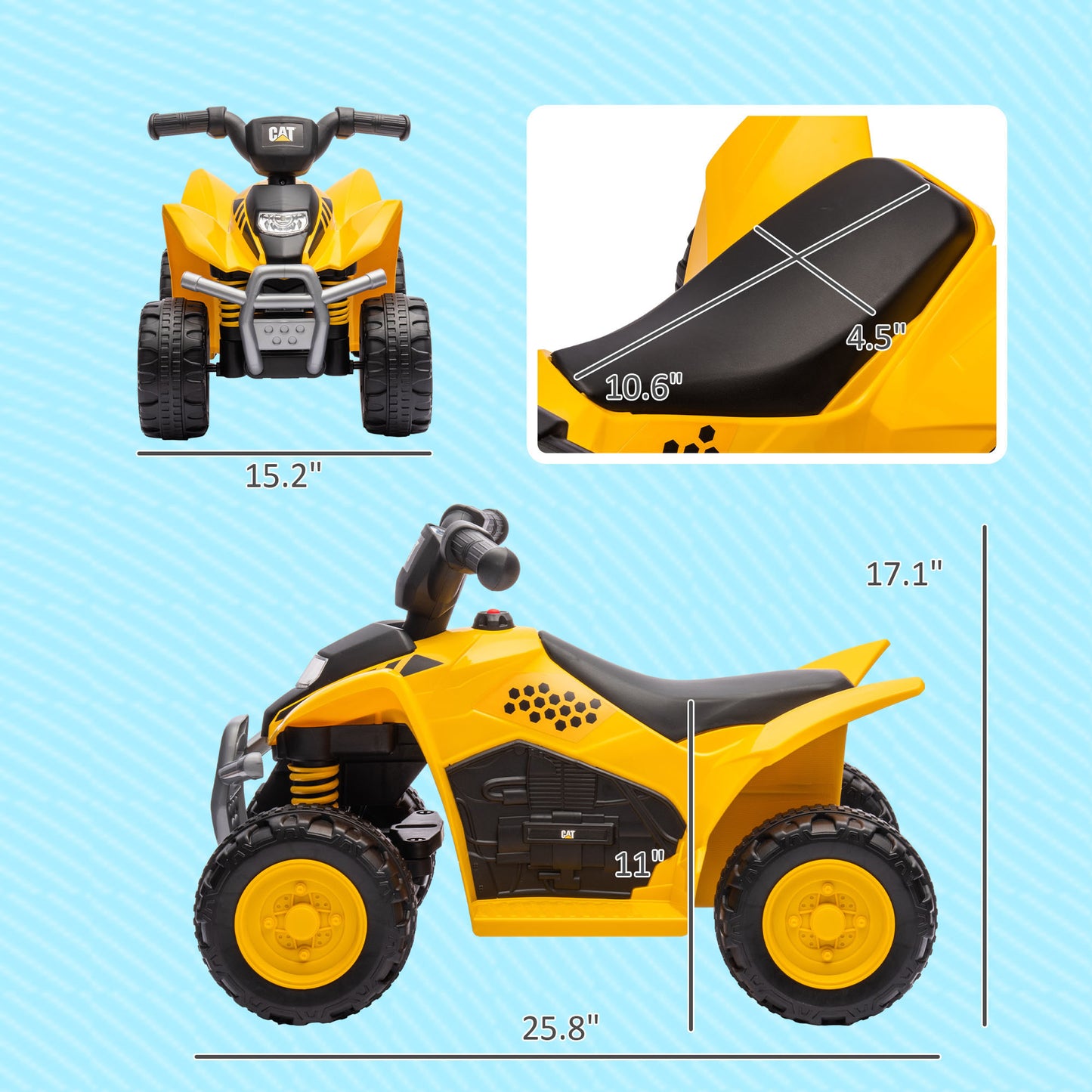 Qaba CAT Licensed Kids ATV, 6V Four-Wheeler for Kids, Electric Ride on ATV with Horn, LED Headlights, Single-Button Start for 18-36 Months, Yellow