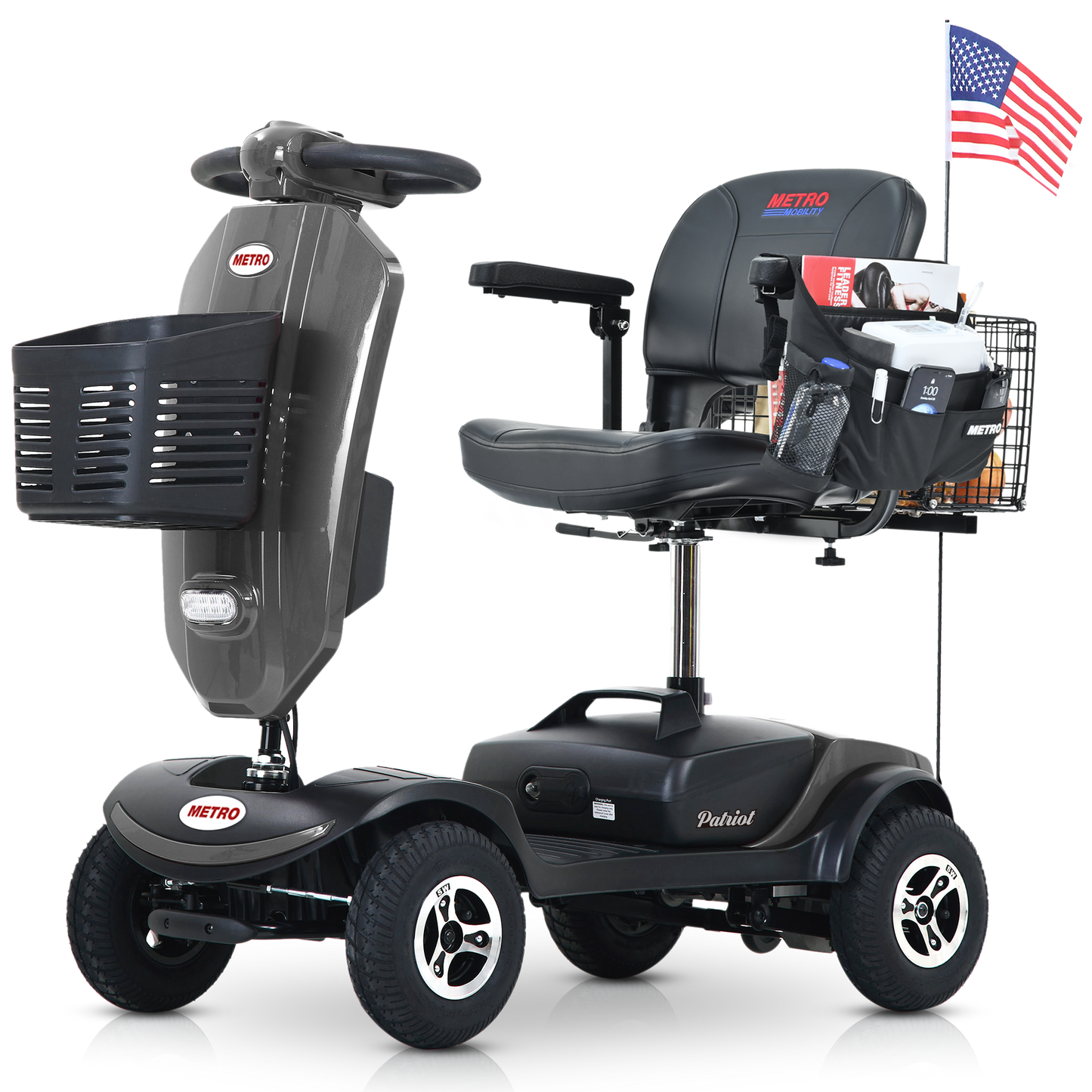 Outdoor compact mobility scooter with windshield ,300W Motor, Travel - Long Range Power Extended Battery with Cup holders & USB charger port, GREY
