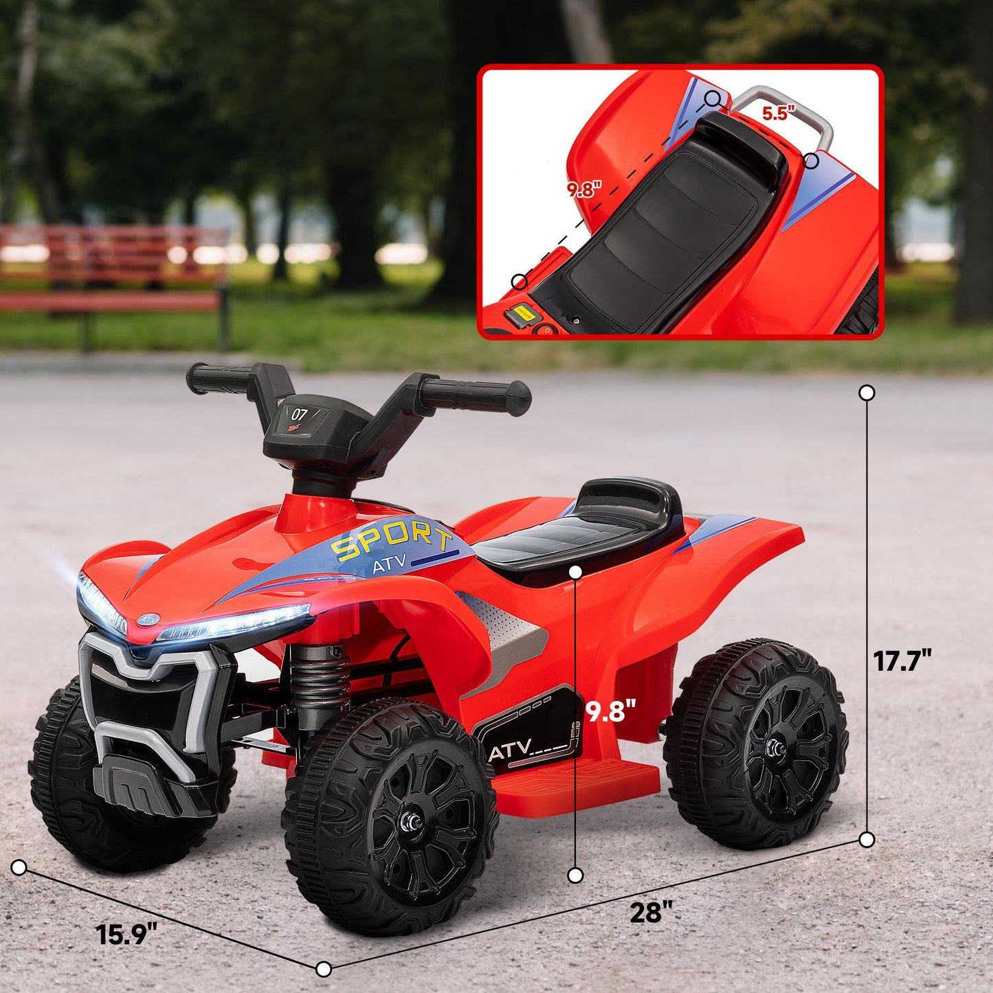 Qaba Kids ATV Quad, 6V Ride On Toy with 1.6MPH Max Speed, Rechargeable Battery, 4 Wheeler Battery Powered with Lights, Forward & Reverse for Toddlers, Red