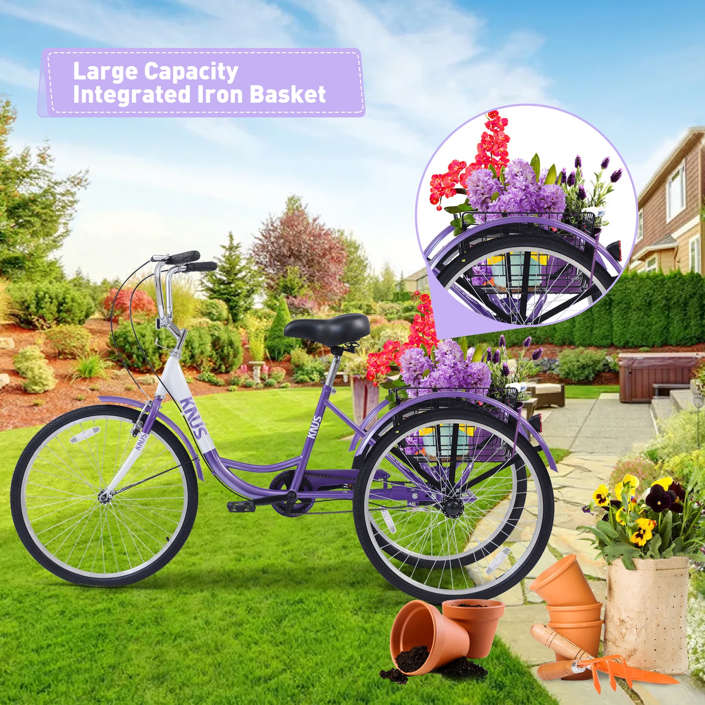 Adult Tricycle Trikes,3-Wheel Bikes,24 Inch Wheels Cruiser Bicycles with Large Shopping Basket for Women and Men
