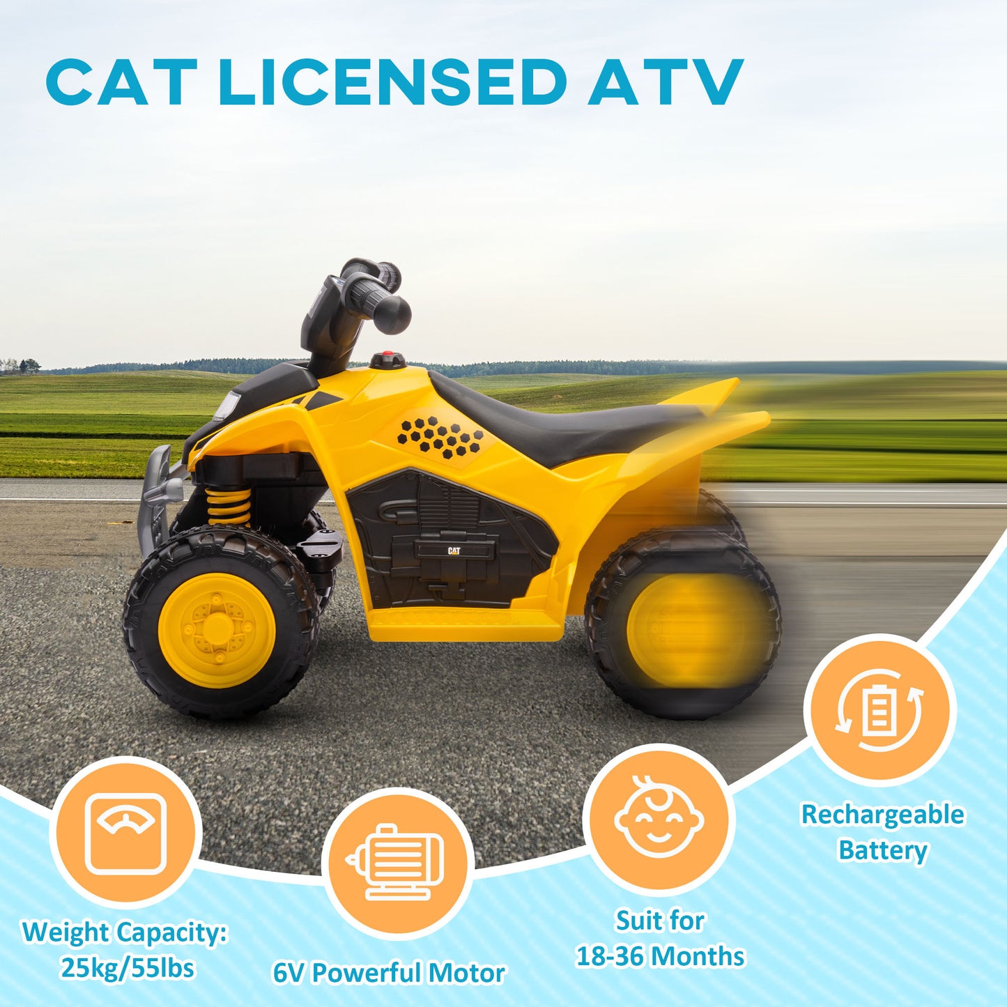 Qaba CAT Licensed Kids ATV, 6V Four-Wheeler for Kids, Electric Ride on ATV with Horn, LED Headlights, Single-Button Start for 18-36 Months, Yellow