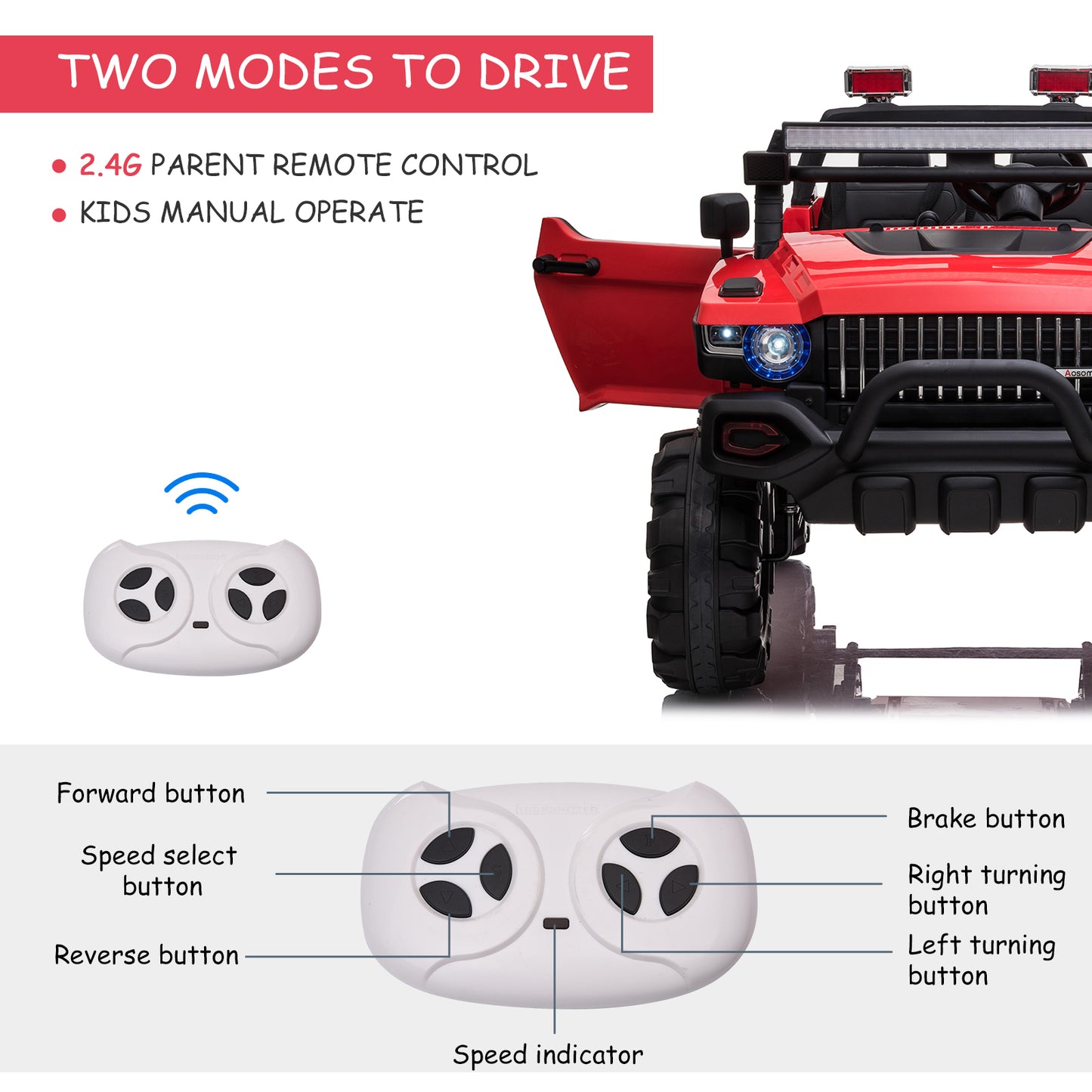 12V Police Car Ride-on Truck with Remote Control & Siren, 2-Seater Battery-Operated Electric Car for Kids with Music, Electric Ride-on Toy with Horn, Red