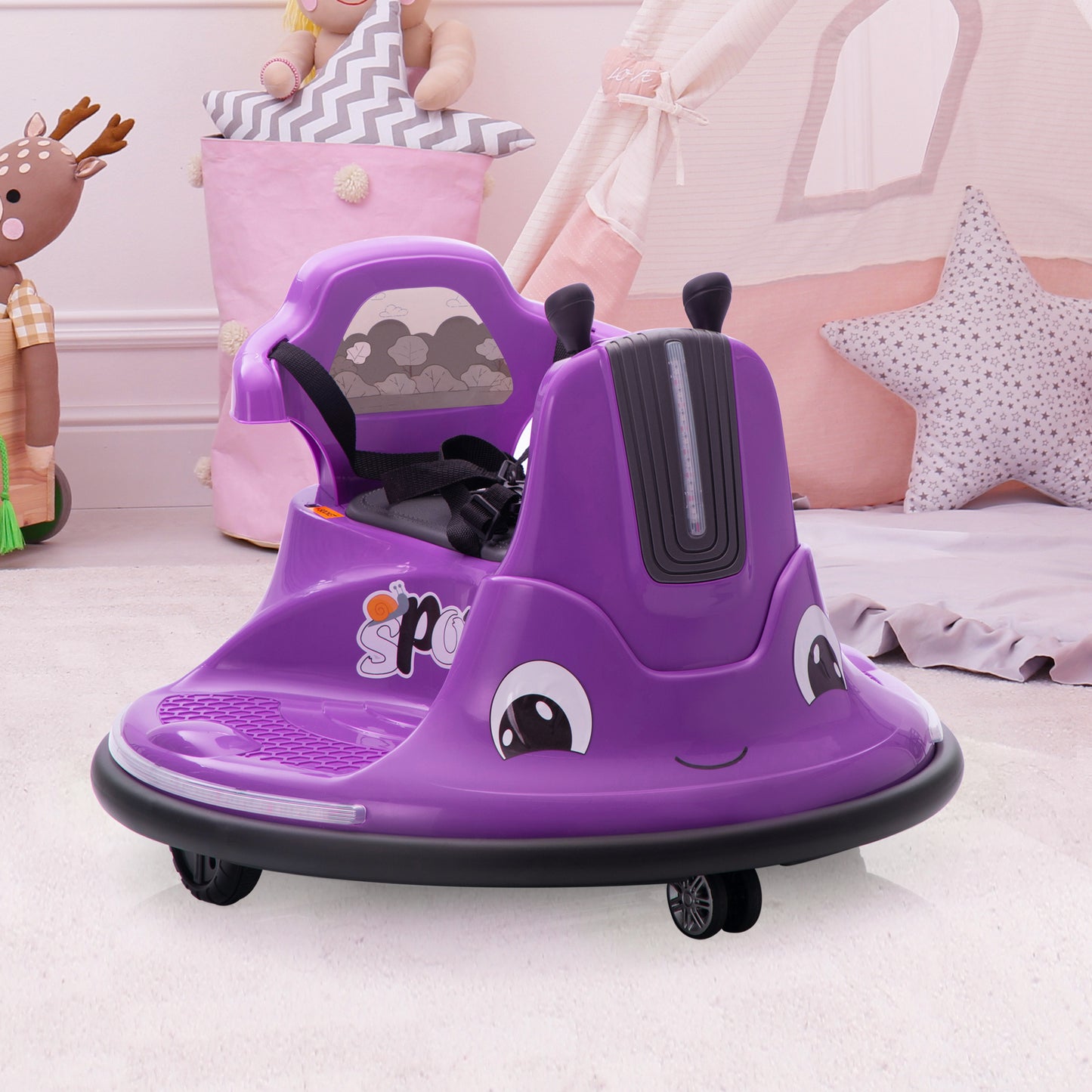 12V Snail-Shaped Kids Electric Bumper Car with Remote Control, Ride On Car with LED Lights, Music, 360 Degree Rotate, Toddler Race Toys, 3-8 Years Old