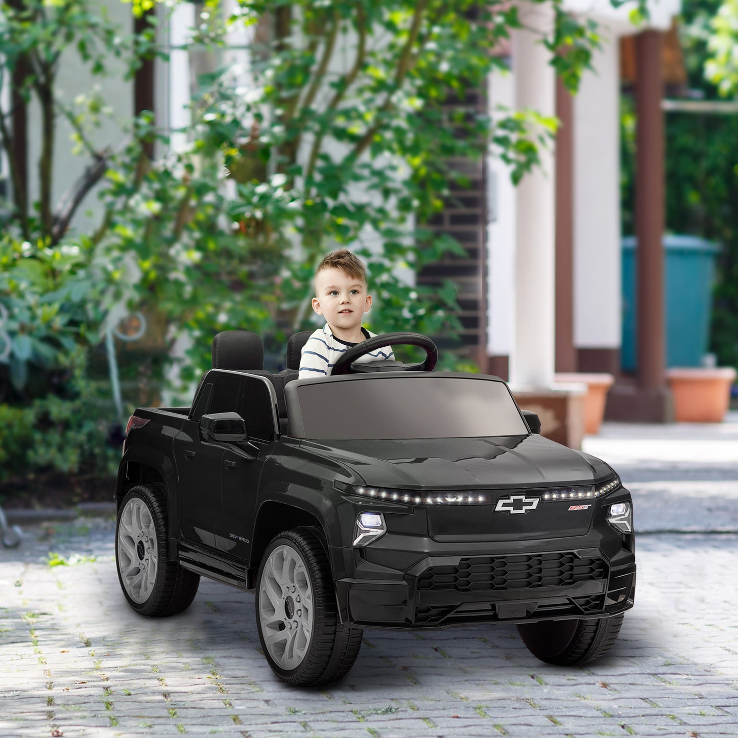 Qaba 12V Kids Electric Car, Chevrolet Silverado EV RST Licensed Ride on Car with Parent Remote Control, Spring Suspension, Soft Start, Training Wheels, LED Lights, Music, MP3, 3 Speed, Black