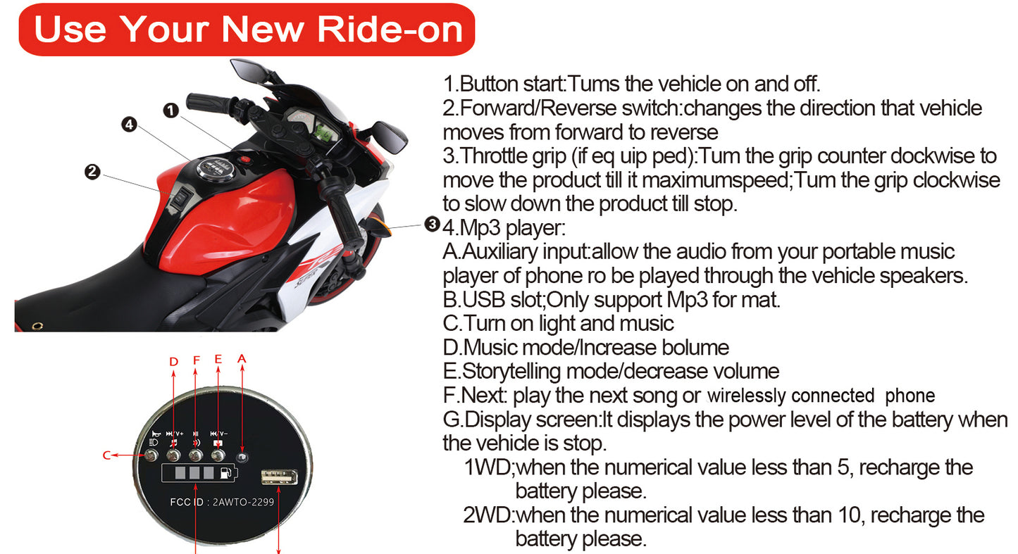 Electric motorcycle/ 12V Kids toys motorcycle/Kids electric car/electric ride on toys for 3 4 5 6 years Boys Girls with Training Wheels/manual throttle/ drive by hand/Lighting wheels