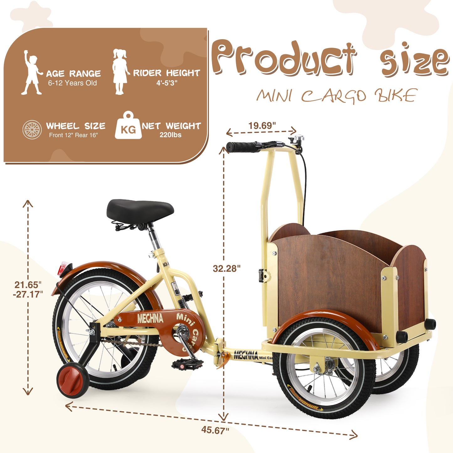 Foldable Tricycle for Kids Ages 6-12,Mini Cargo Bike,Pet Bike,Reverse Tricycle,Outdoor Parent-Child Bike for travel,With Cargo Basket and Training Wheels.