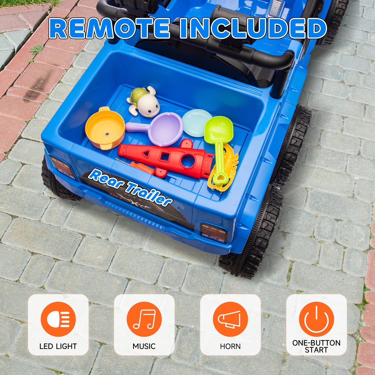Qaba 12V 4x4 Kids Ride on Truck with Back Trailer, 2WD/4WD Switchable Kids Electric Car with Parent Remote Control, Spring Suspension System, Soft Start, Music, LED Light, Horn, Light Blue