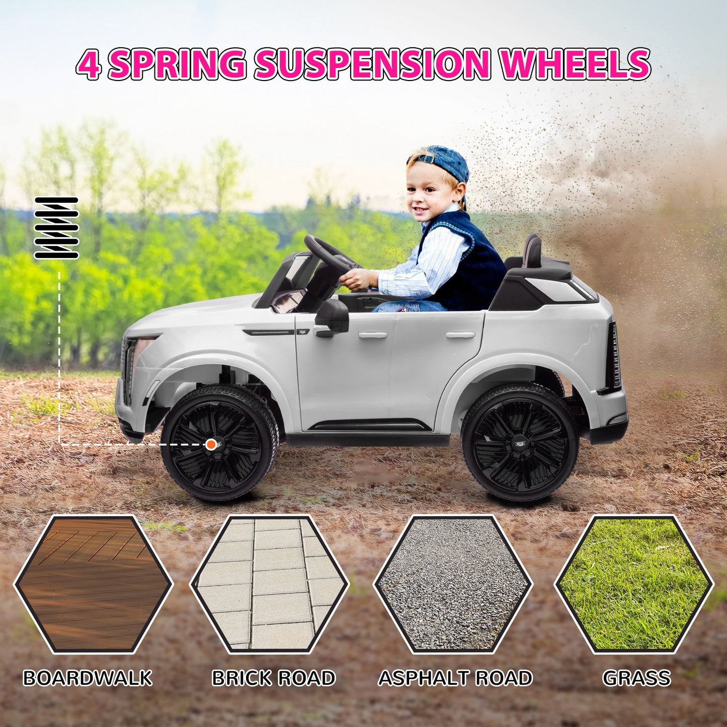 Qaba 2-Seater Ride on Truck, 12V 10AH Cadillac Escalade IQ 2025 Licensed Kids Electric Car with Remote Control, 4 Spring Suspension Wheels, LED Lights, Music Horn, White