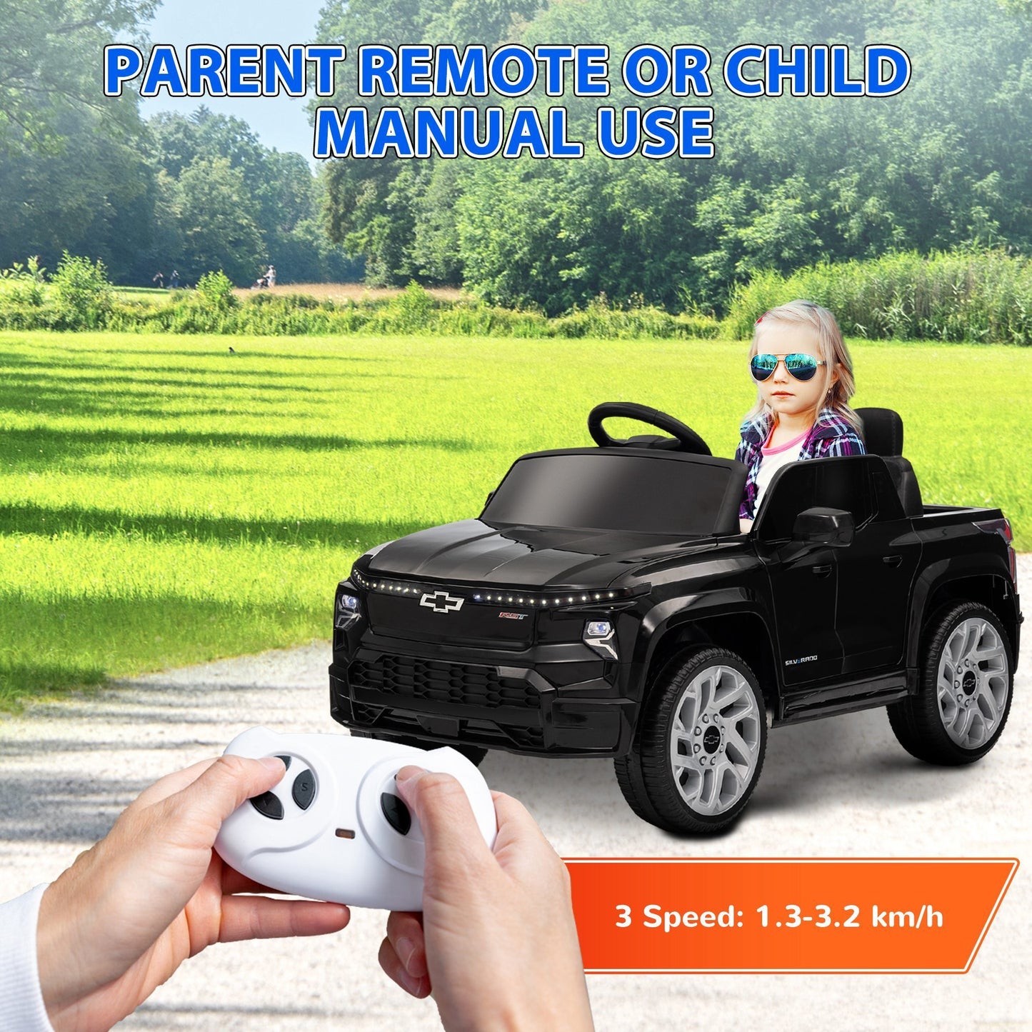 Qaba 12V Kids Electric Car, Chevrolet Silverado EV RST Licensed Ride on Car with Parent Remote Control, Spring Suspension, Soft Start, Training Wheels, LED Lights, Music, MP3, 3 Speed, Black