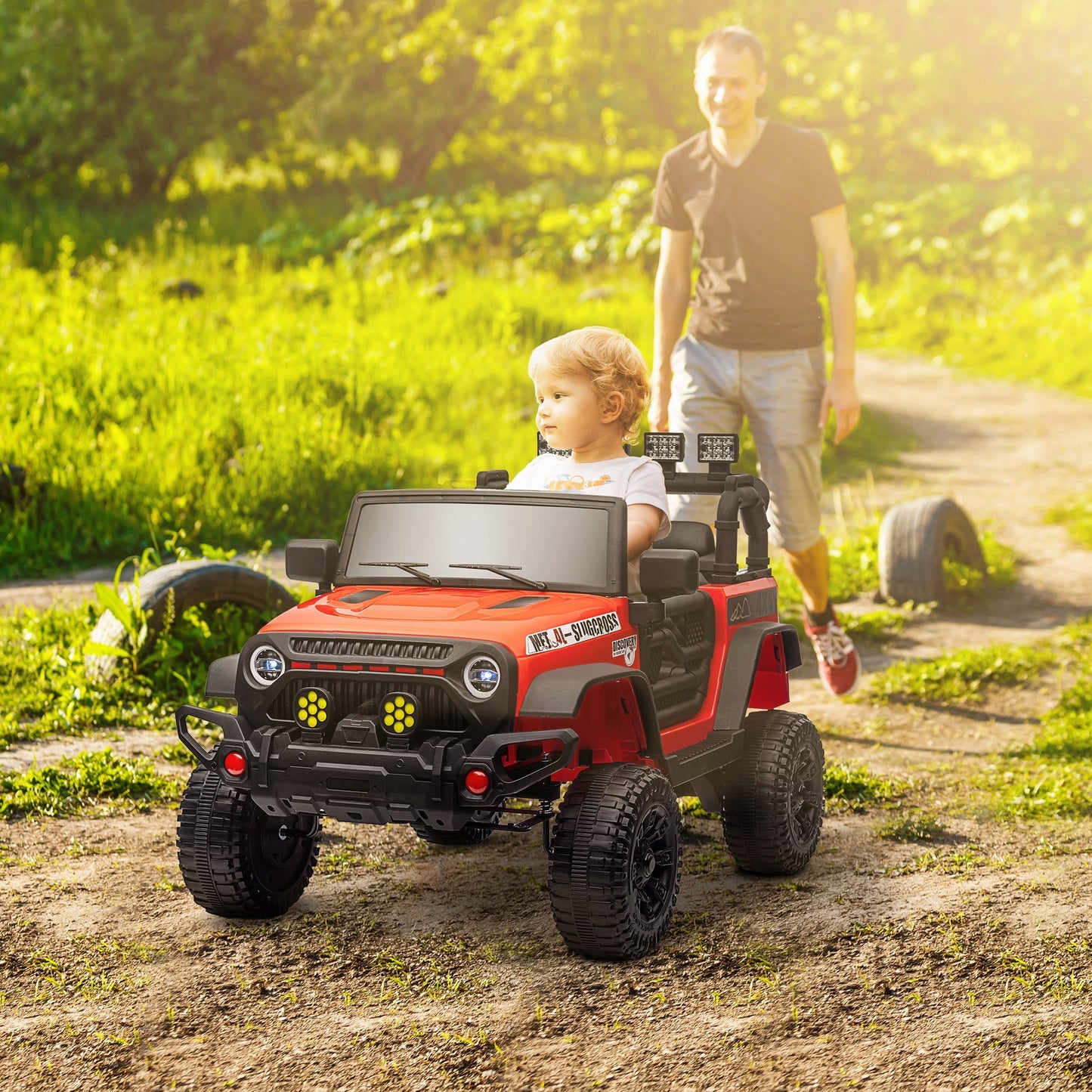 Qaba 12V Ride on Truck, Electric Car for Kids, Battery Powered Ride on Car, Parent Remote, 4 Suspension Wheels, Music Horn LED Lights, Red