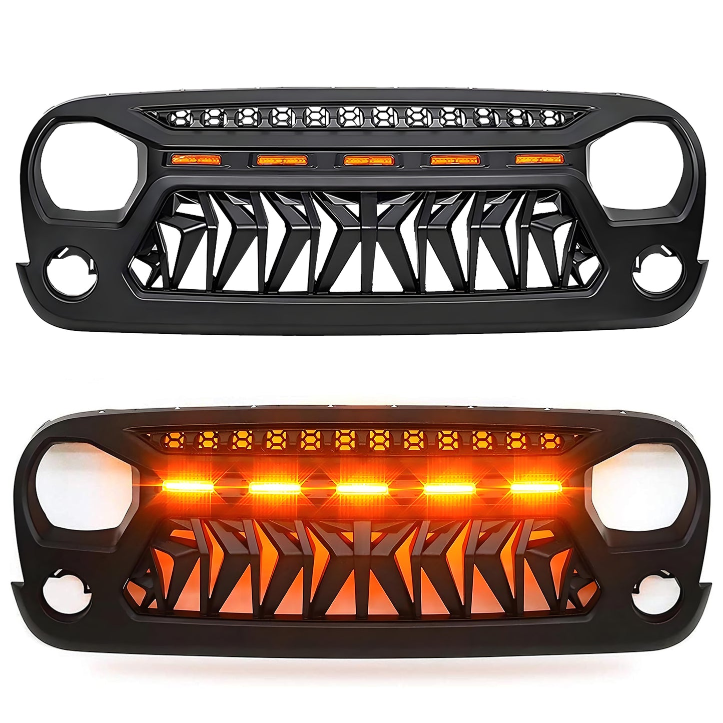 Front Matte Black Shark Grille Replacement Grill For Wrangler JK 2007-2018 with LED Lights