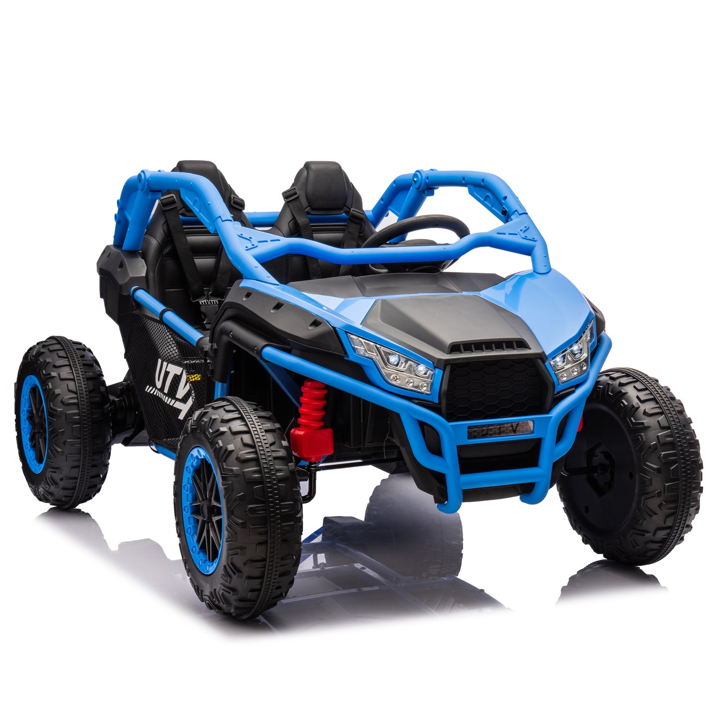 24V Two-seater Kids Ride On UTV w/Parents Control,20in seat width,400W Super high power,Four-wheel Suspension,Bluetooth,MP3,USB,LED Light,Horn,Rear storage space,Speeds 3.73-4.97MPH For Kids aged 3+.