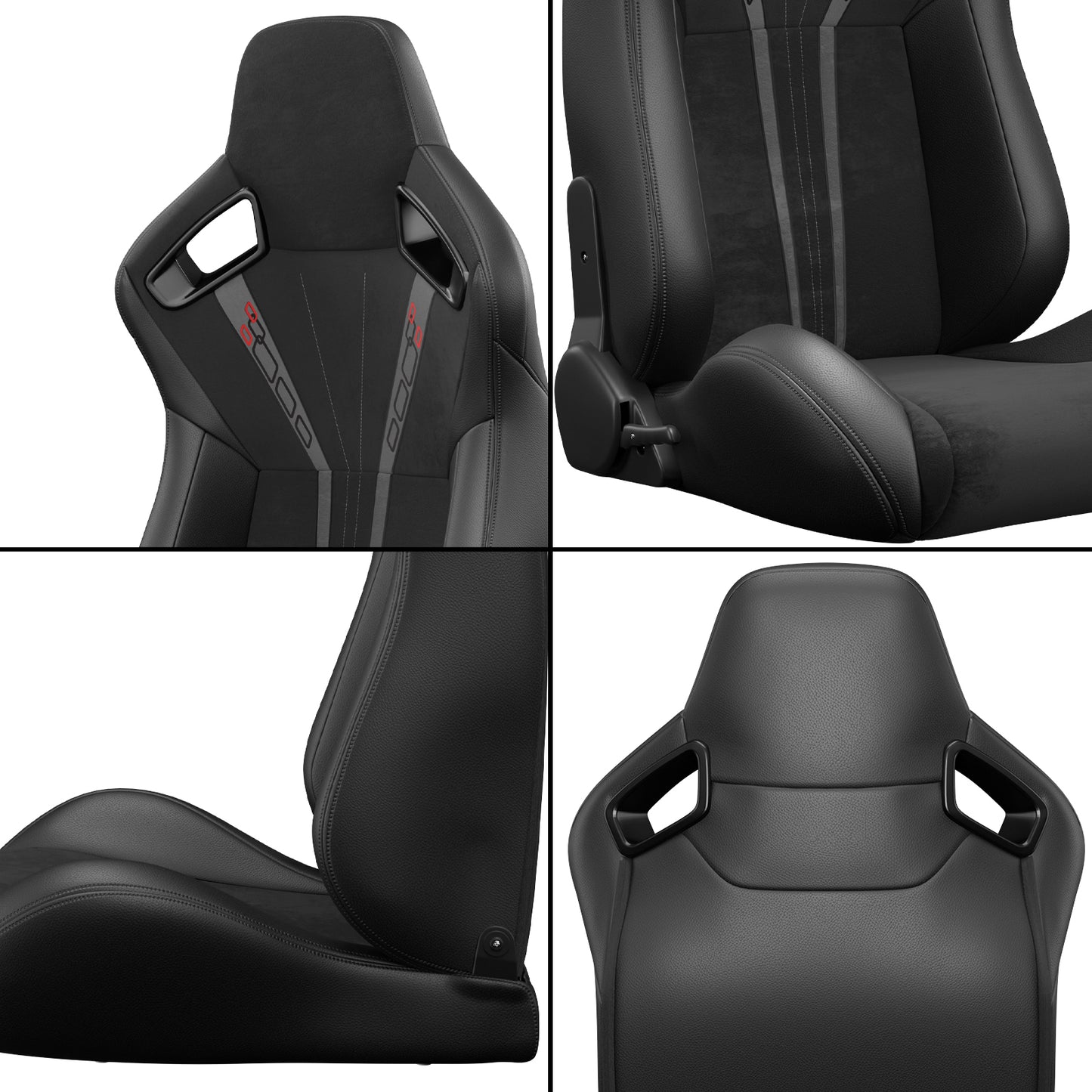 2PC Universal Bucket Racing Seats Red Stitch Red PVC Leather Reclinable Carbon Look Leather Back With Adjustor Slider(Not Including Seat Bracket ) 1 box of 2 pieces