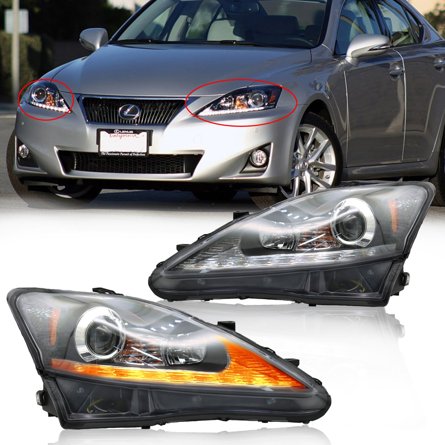 LED Headlights Assembly Fit for 2006-2013 Lexus IS250 IS350, Left Driver and Right Passenger Side (Black)