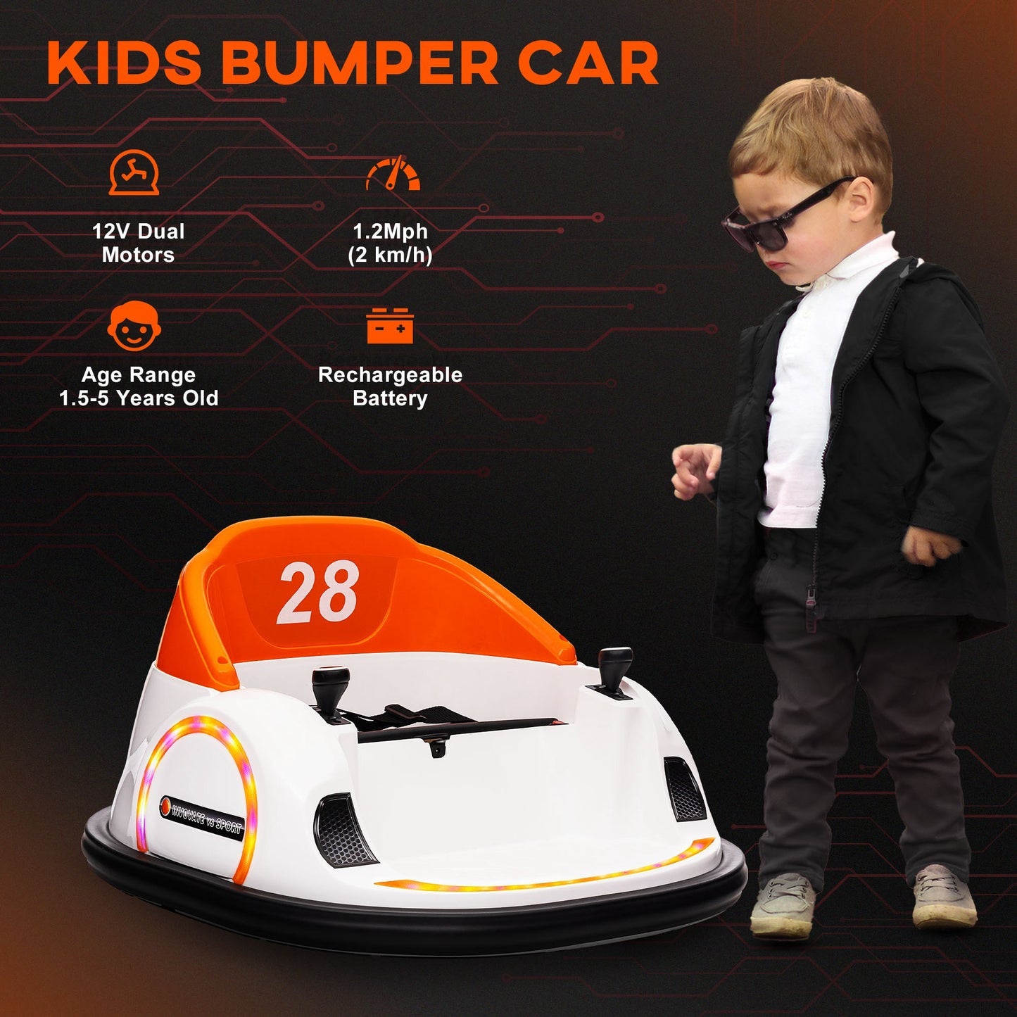 Qaba 12V Toddler Bumper Car Ride on Toy for Kids 1.5-5 Years Old, Baby Bumper Car with Remote Control, LED Lights, 360 Degree, Music, Orange
