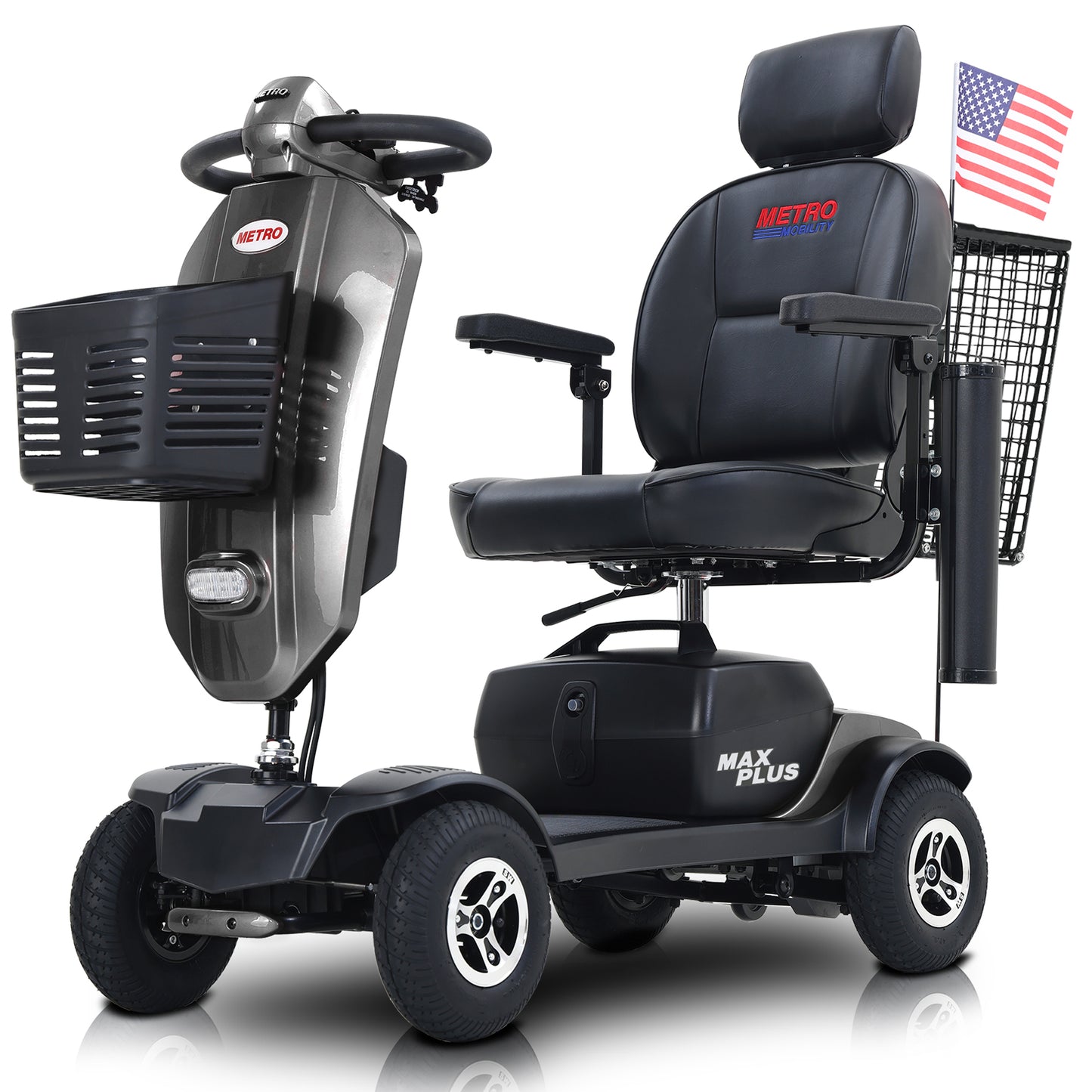 MAX PLUS GREY 4 Wheels Outdoor Compact Mobility Scooter with Rear Basket,16 Miles, Cup Holders & USB charger Port