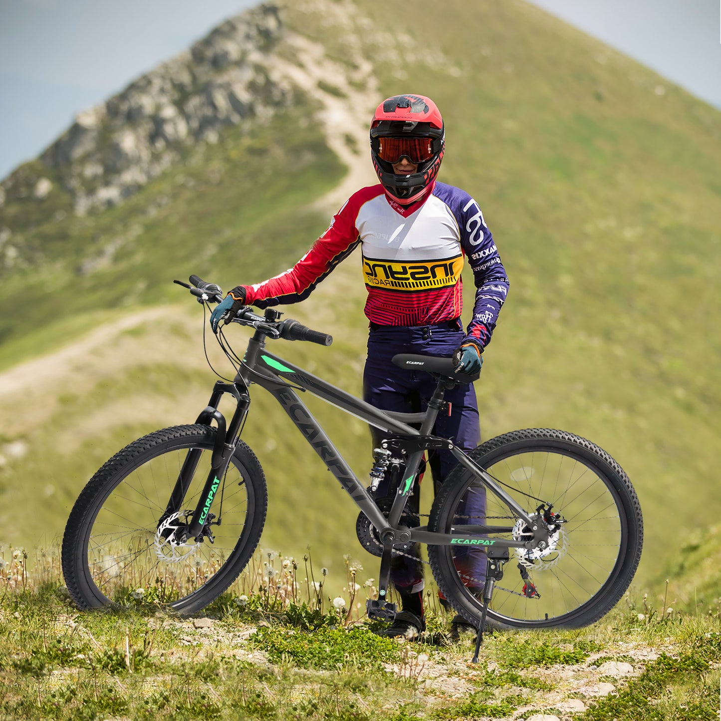 A2460 Mountain Bike 24 Inch Wheels, 21-Speed Full Suspension Mens Womens Trail Commuter City Mountain Bike, High Carbon Steel Frame Disc Brakes Grip Shifter Front Fork Rear Shock Absorber Bicycles
