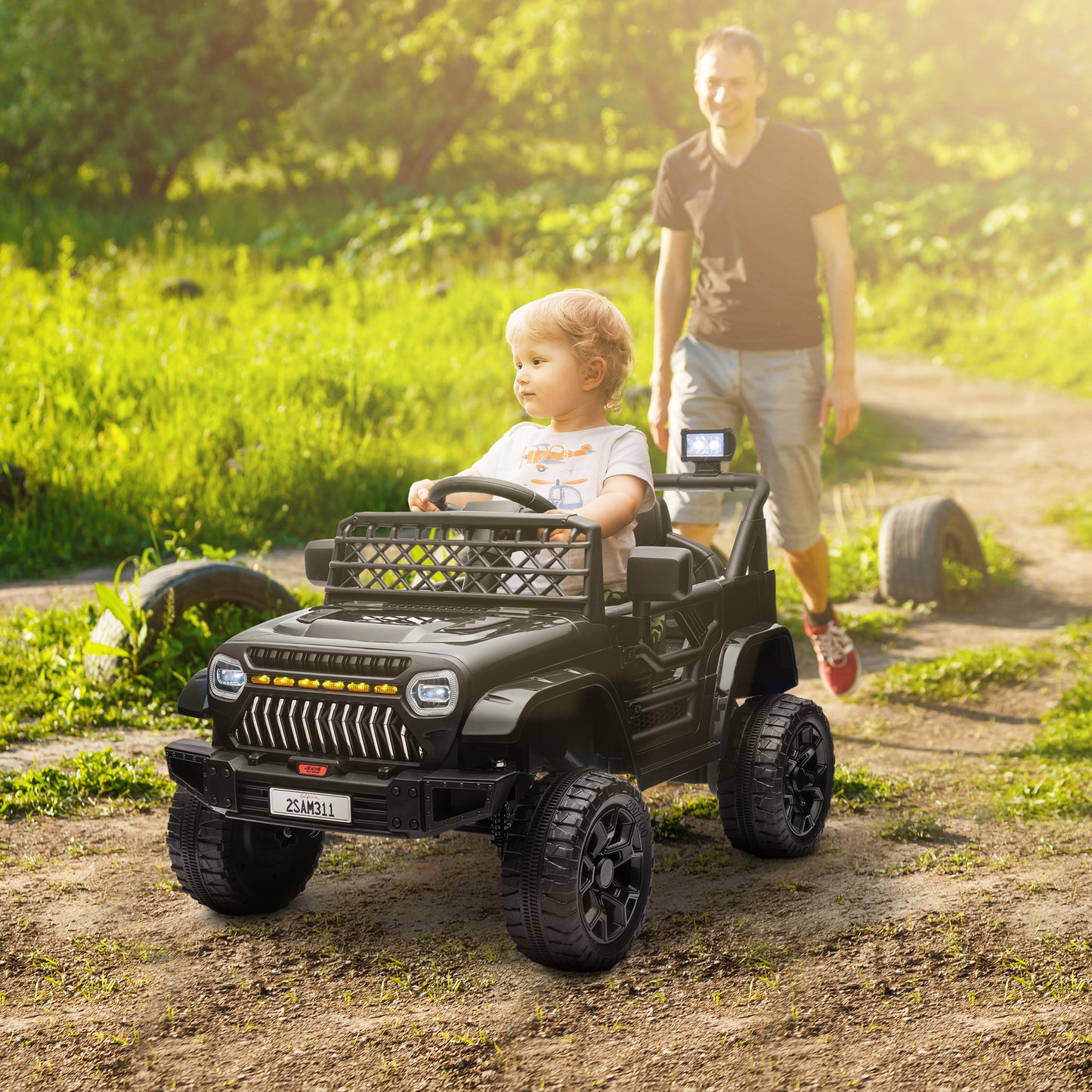 Qaba 12V Ride On Truck, Battery Powered Kids Electric Car UTV with 4 Suspension Wheels, Remote Control, 3 Speeds, LED Headlights, Horn, USB Music, Black