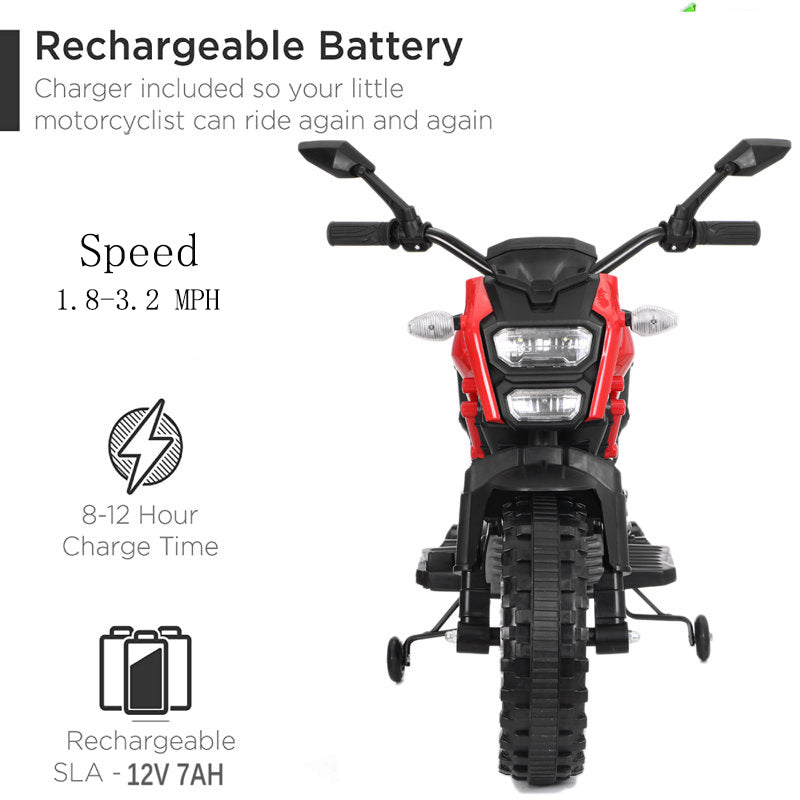 Electric Motorcycle for Kids, kids ride on motorcycle, 12V Electric Dirt Bike with Training Wheels, Hand Racing Foot Brake,PU seat, Ride on Motorcycle for 3~6 years Boys Girls gift