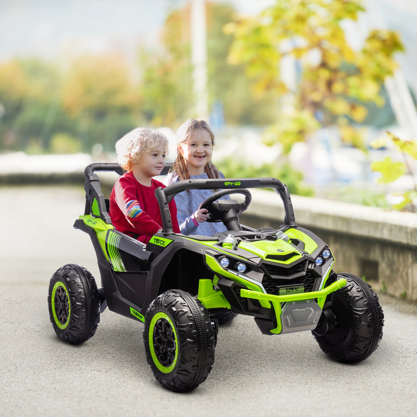 Qaba 24V 7AH Ride on UTV, 2 Seater 4MPH Kids Electric Car Ride on Battery Powered Toy with 4 Shock Absorbers, Music Horn and LED Lights, for Toddlers 3-8 Years, Green
