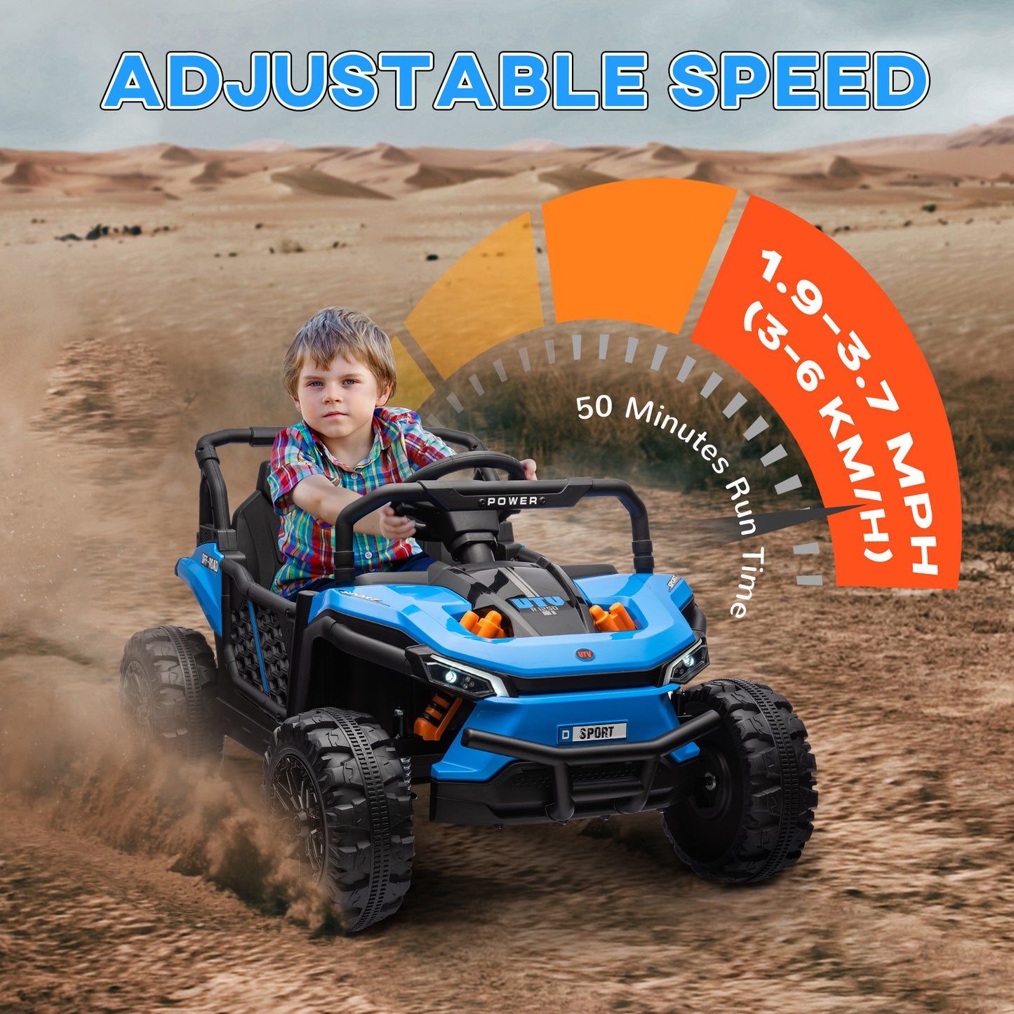 Qaba 12V Kids UTV, Battery Powered Ride on Truck, 3.7 MPH Off-Road Electric Car with Remote Control, 4-Wheel Suspension, LED Headlights, 3 Speeds, Horn & Music, for Boys and Girls, Blue
