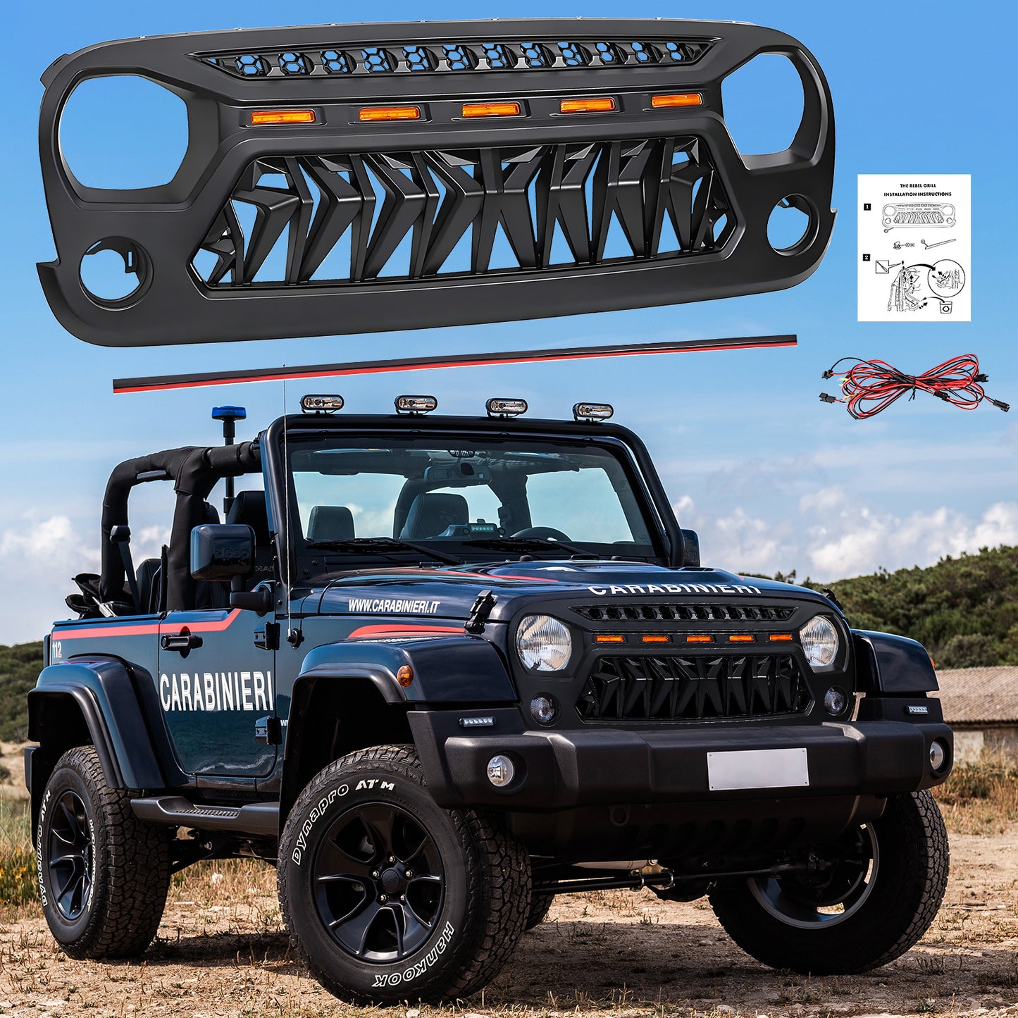 Front Matte Black Shark Grille Replacement Grill For Wrangler JK 2007-2018 with LED Lights