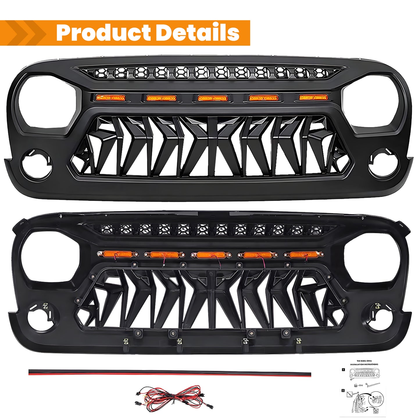 Front Matte Black Shark Grille Replacement Grill For Wrangler JK 2007-2018 with LED Lights