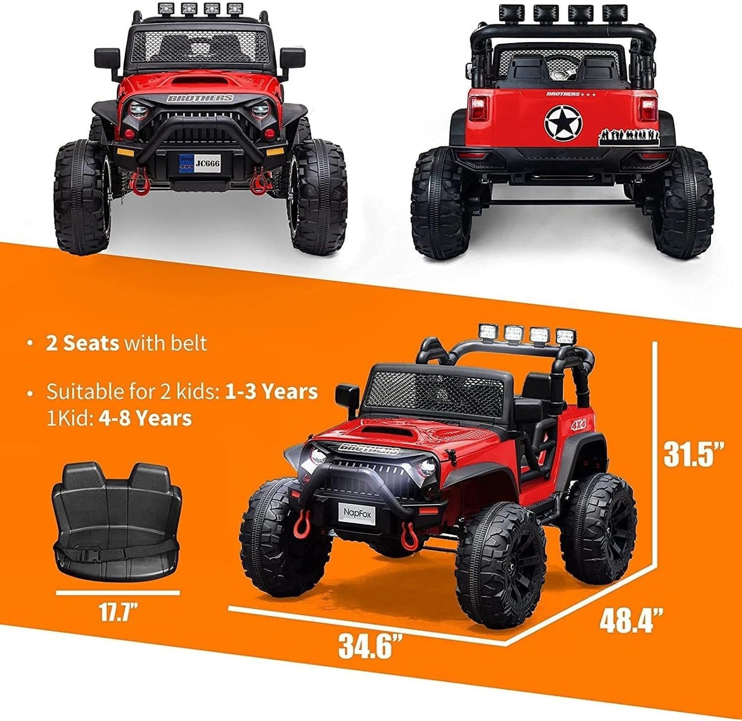 24V Ride on Car Truck with Remote Control, 2 Seater Kids Electric Car, Spring Suspension, 9Ah Battery Powered, 3 Speeds, Double Doors, Music Player