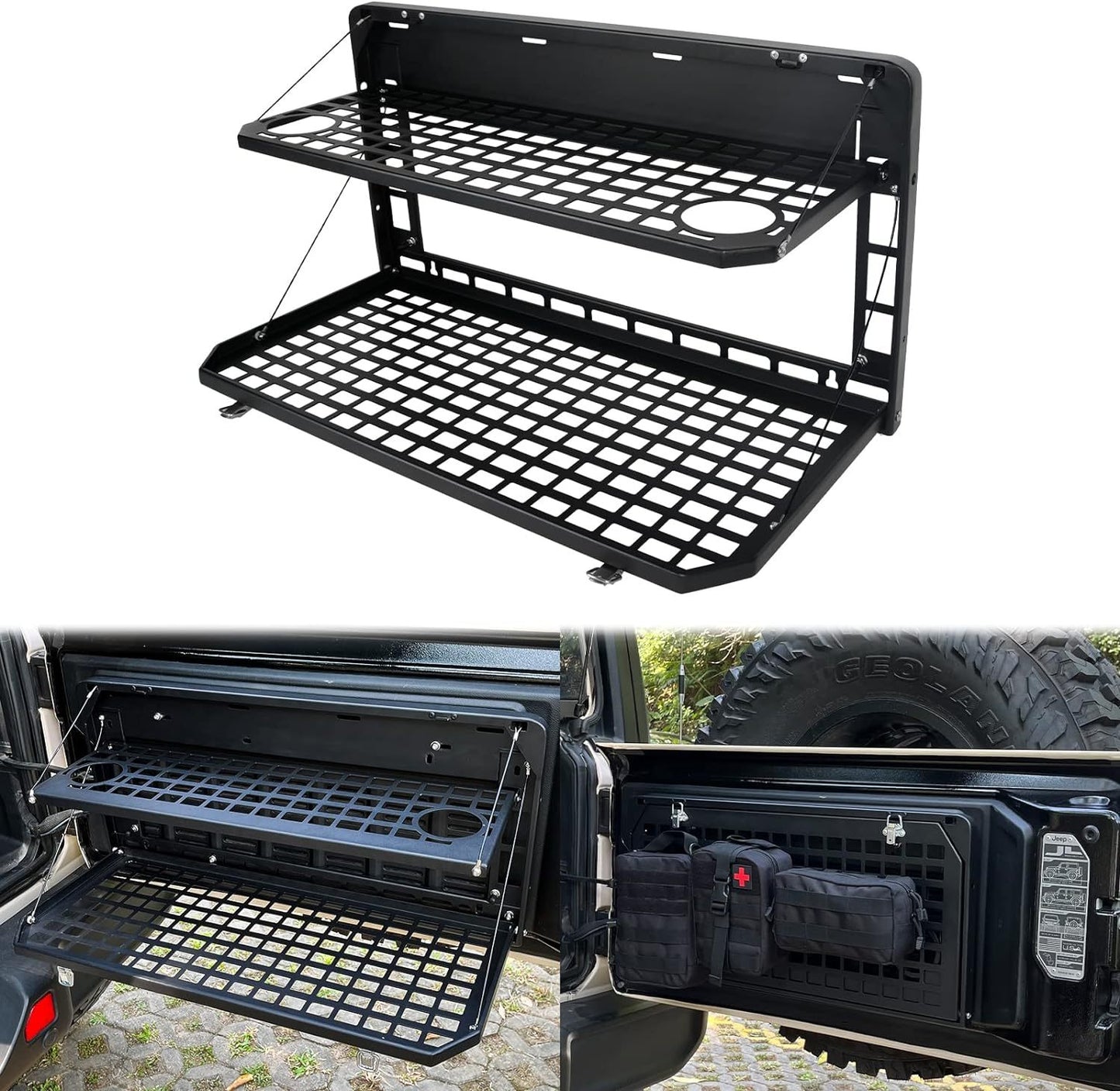2-Tier Tailgate Table Rear Foldable Storage Cargo Rack Outdoor Camping Desk for 2007-2022 Jeep Wrangler JK&JL 4 Door (Not Fit JK Models with Stock Subwoofer)