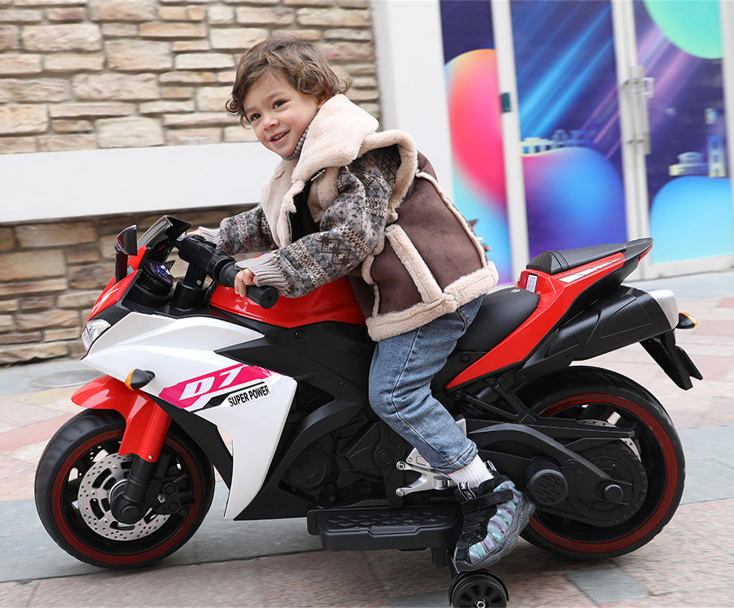 Electric motorcycle/ 12V Kids toys motorcycle/Kids electric car/electric ride on toys for 3 4 5 6 years Boys Girls with Training Wheels/manual throttle/ drive by hand/Lighting wheels