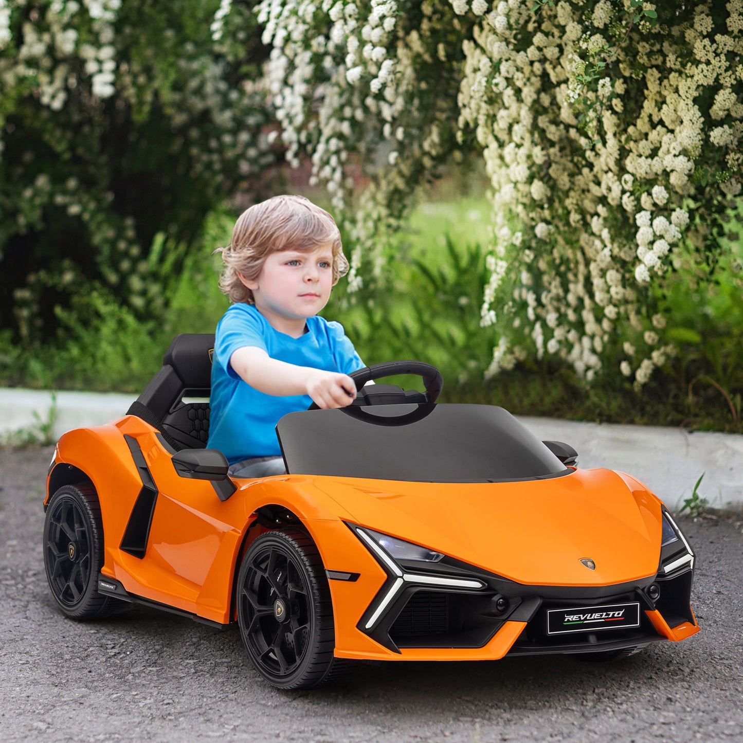 Qaba Lamborghini Revuelto Licensed 12V Kids Electric Car, Battery Powered Ride on Car with Hydraulic Doors, Remote Control, Transport Wheels, Spring Suspension, Music, Lights, 3 Speeds, Orange