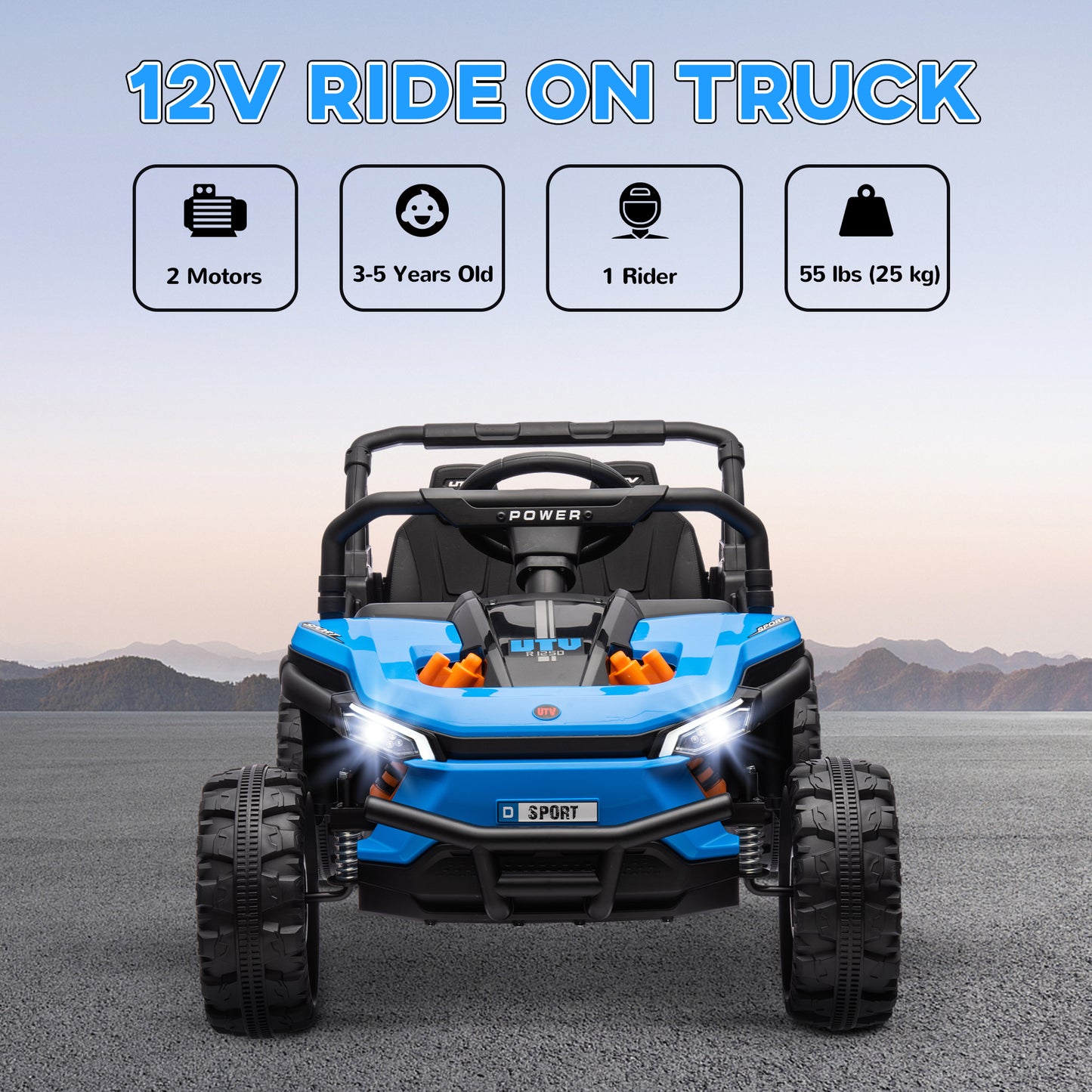 Qaba 12V Kids UTV, Battery Powered Ride on Truck, 3.7 MPH Off-Road Electric Car with Remote Control, 4-Wheel Suspension, LED Headlights, 3 Speeds, Horn & Music, for Boys and Girls, Blue