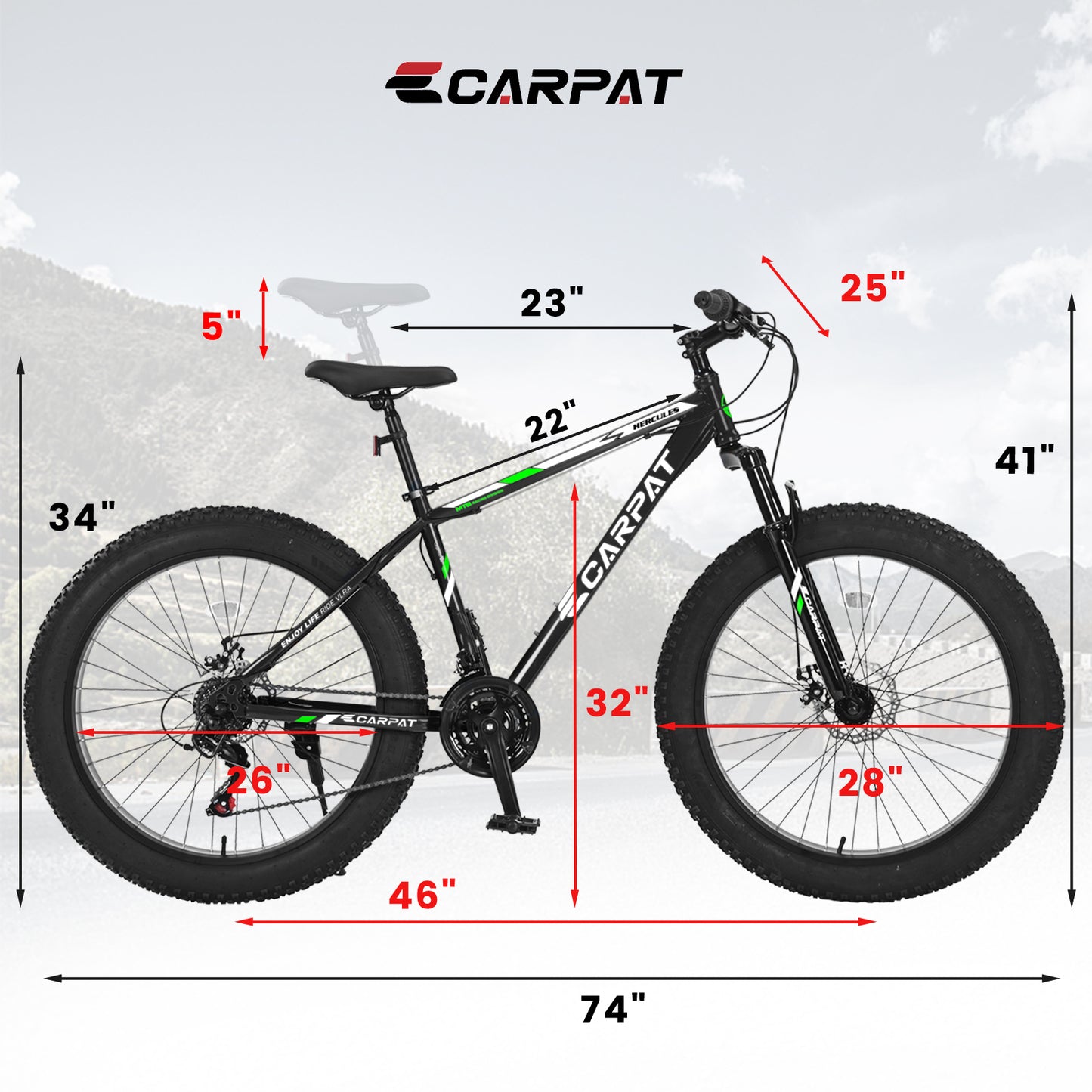 S26109 26 Inch Fat Tire Bike Adult/Youth Full Shimano 21 Speed Mountain Bike, Dual Disc Brake, High-Carbon Steel Frame, Front Suspension, Mountain Trail Bike, Urban Commuter City Bicycle
