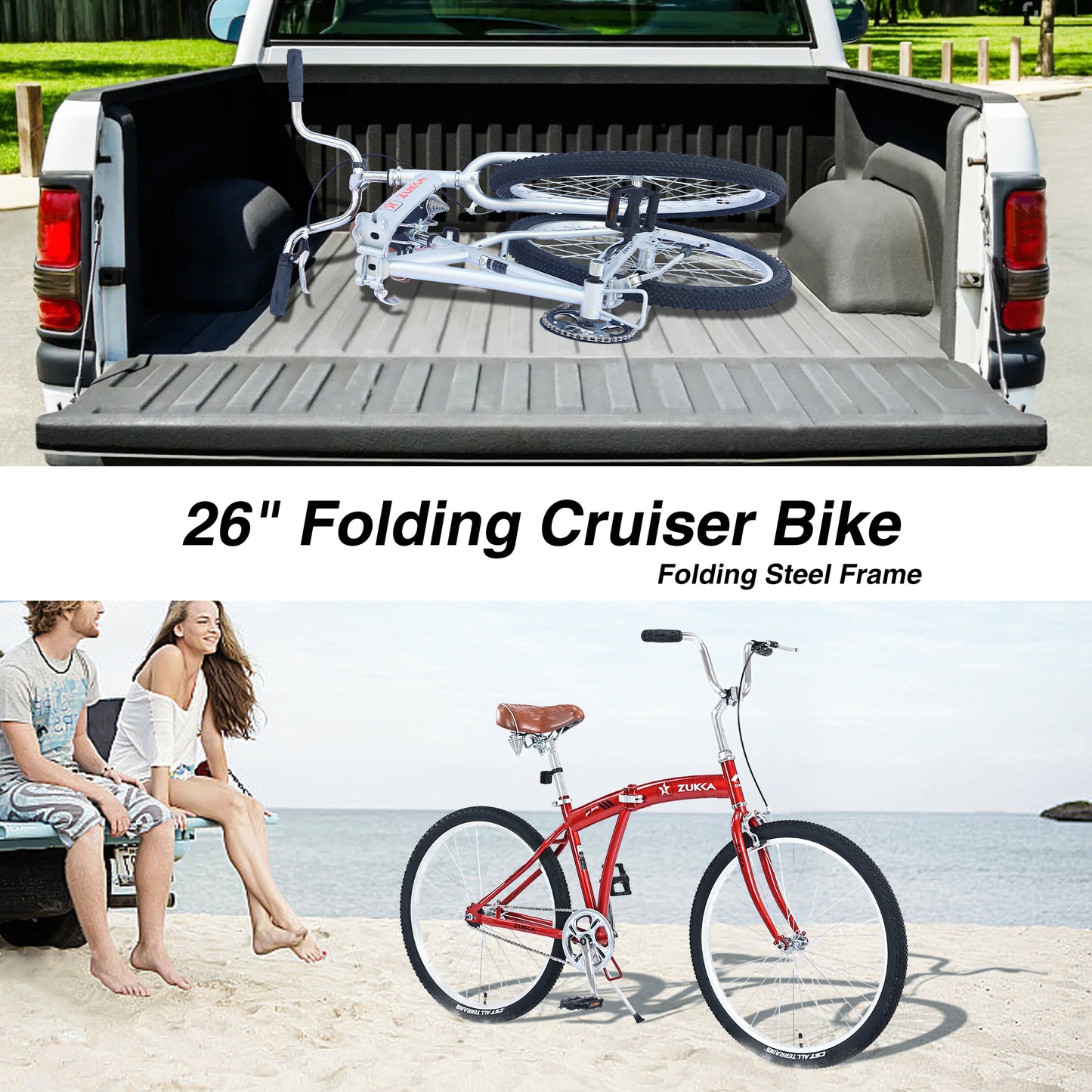 Single Speed Folding Bicycles, Multiple Colors 26"Inch Beach Cruiser Bike